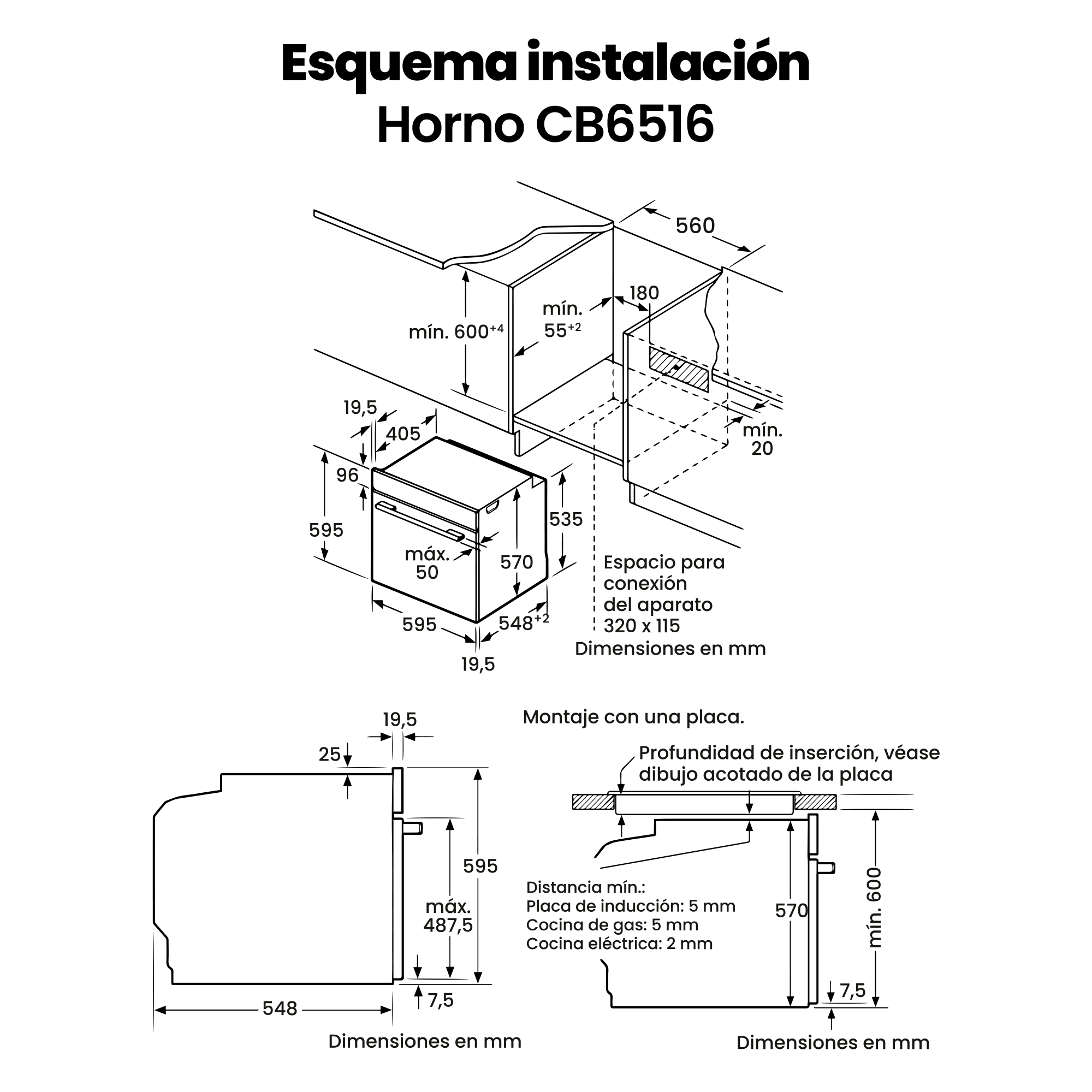 Diagrama con dimensiones en mm para un electrodoméstico de cocina, incluyendo altura, ancho y detalles de instalación.