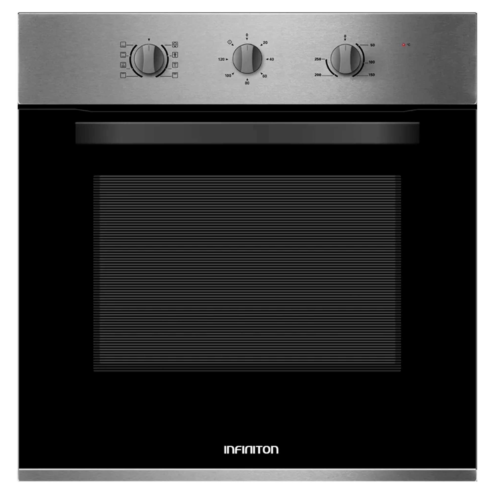 Horno de acero inoxidable con perillas, diales de temperatura y puerta de vidrio. Marca INFINITON.
