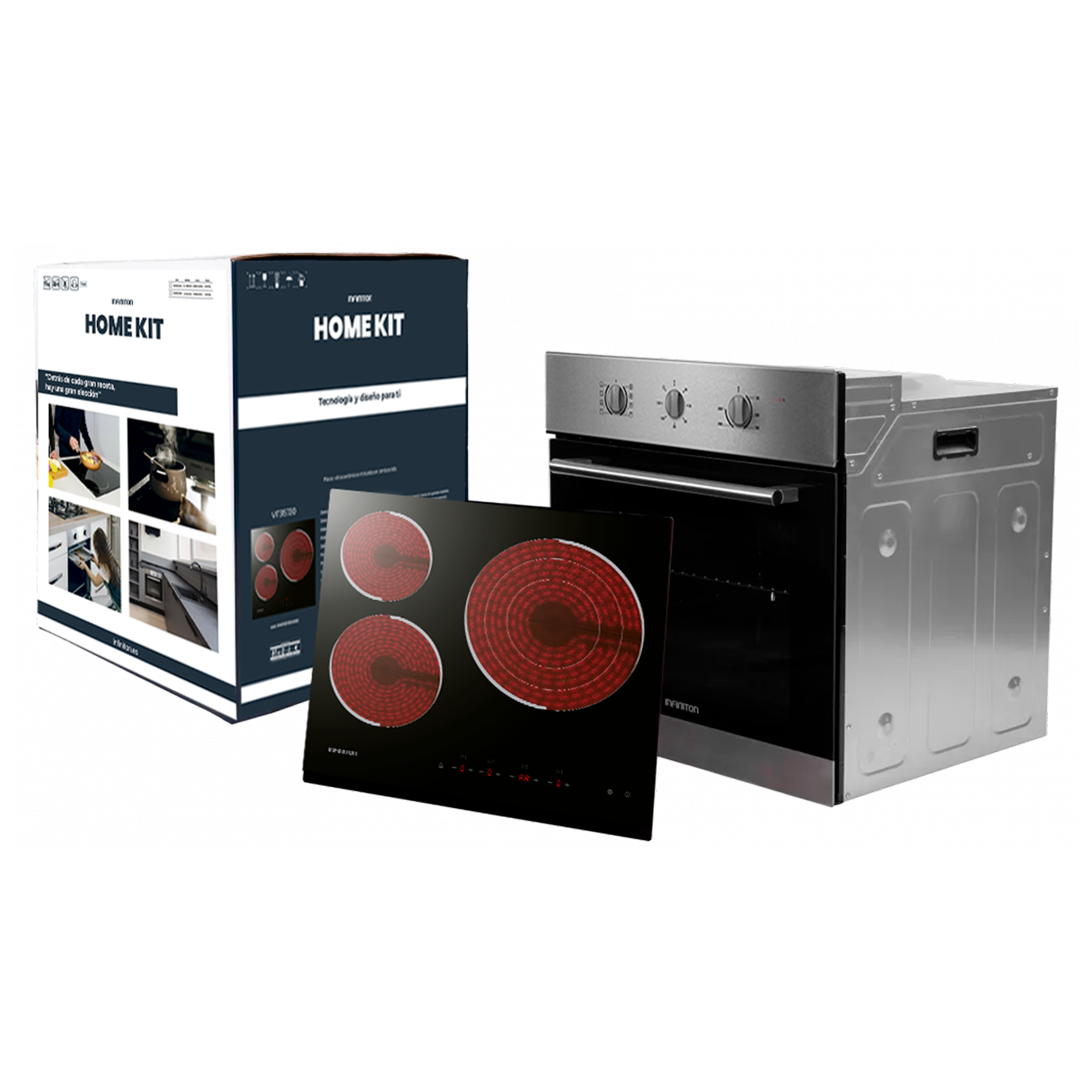 Un Home Kit con placa, horno y embalaje. La placa tiene placas rojas. El horno es de acero inoxidable.