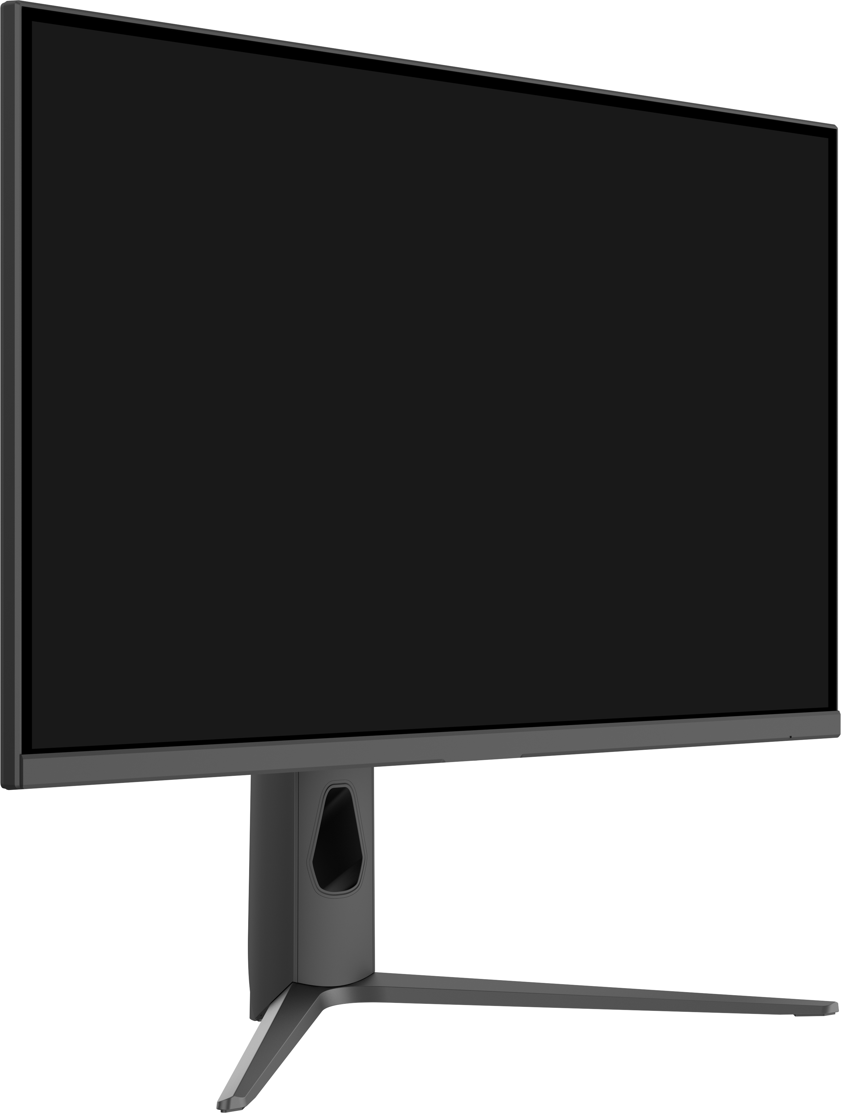 Un moniteur sombre avec écran noir et pied gris. Le pied a un design unique et moderne.