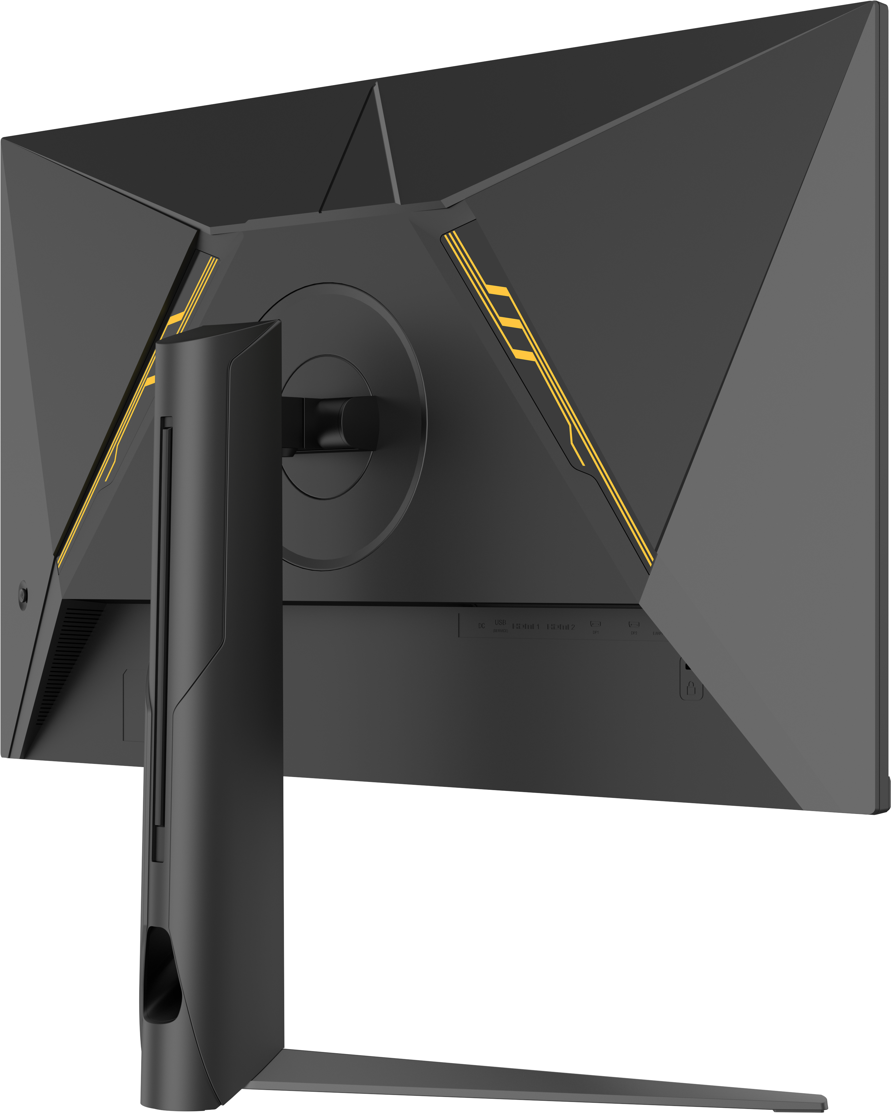 Arrière d'un moniteur noir avec des accents jaunes. Il a un pied, des entrées et un design géométrique.