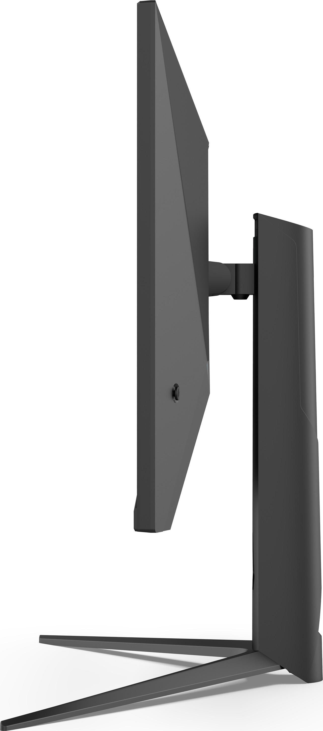Un écran d'ordinateur noir, vu de côté, sur fond blanc. Le moniteur a un design élégant et un support.