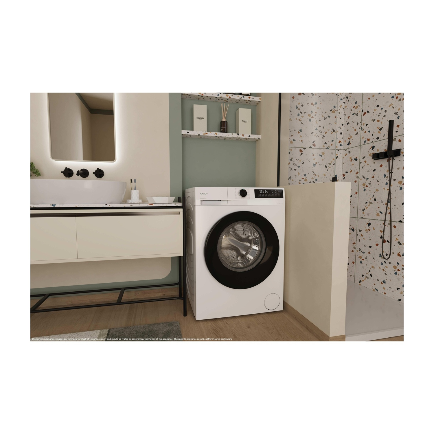 Una lavatrice bianca in un bagno. Sono visibili anche uno specchio, un lavandino e una doccia. Le pareti sono di colore chiaro.