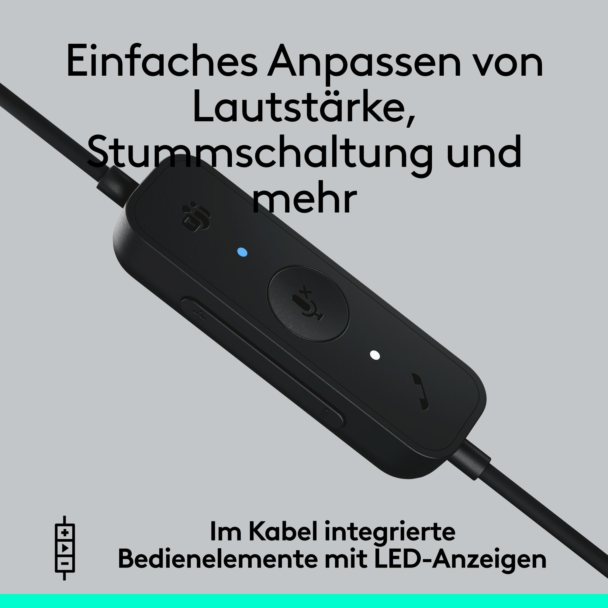 Schwarzes Headset-Bedienfeld mit Tasten und LED-Leuchten, im Kabel integriert, mit deutschem Text.