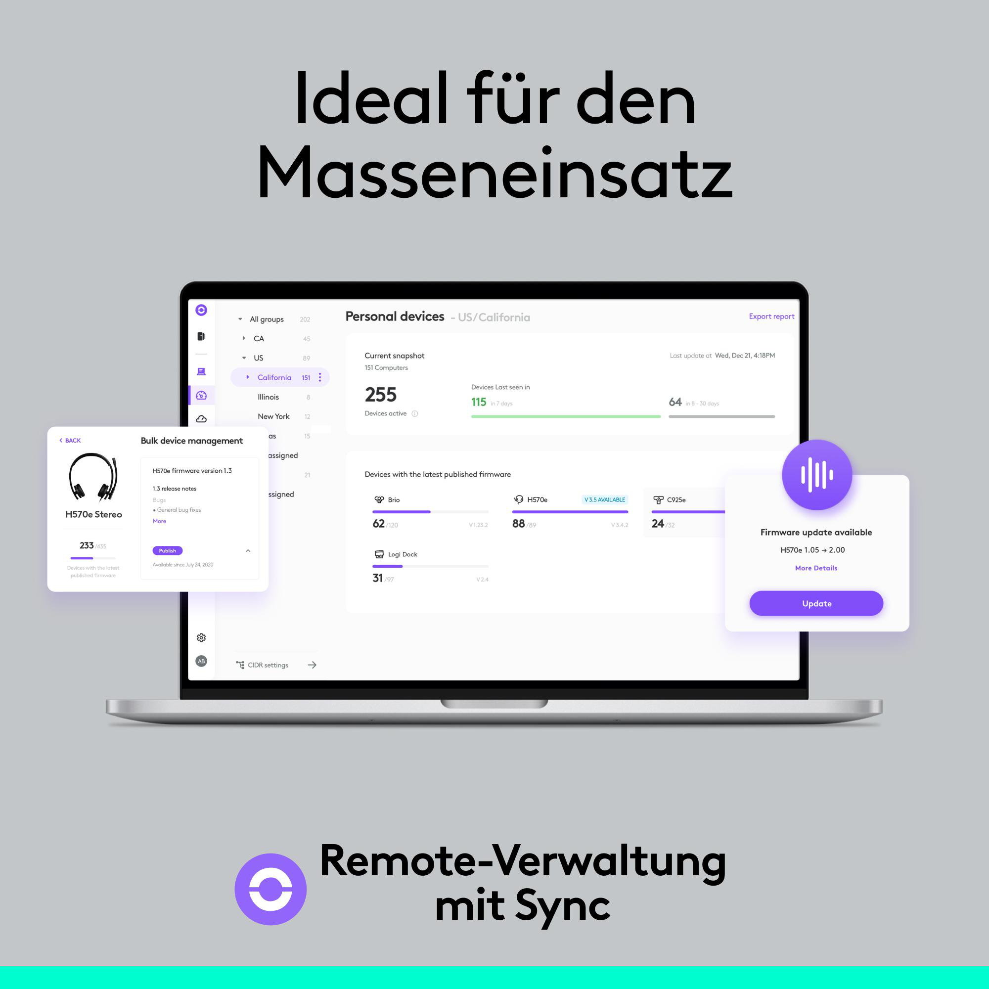 Laptop-Bildschirm zeigt Geräteverwaltung. Text: Ideal für den Masseneinsatz, Remote-Verwaltung mit Sync. Grafiken von Kopfhörern.