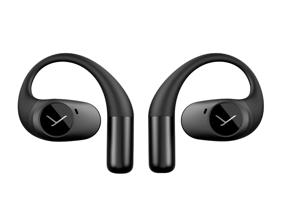 Dwa czarne bezprzewodowe słuchawki douszne o zakrzywionym kształcie, z logo na sekcji słuchawki, na białym tle.