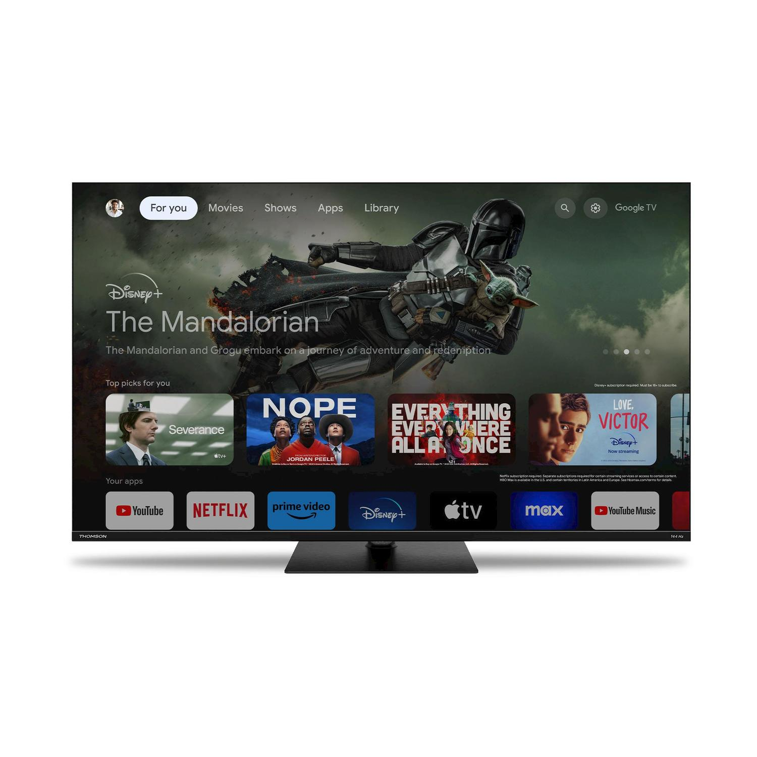 Lo schermo TV mostra Disney+ con The Mandalorian. Altre app visibili includono Netflix, YouTube, Prime Video e Max.
