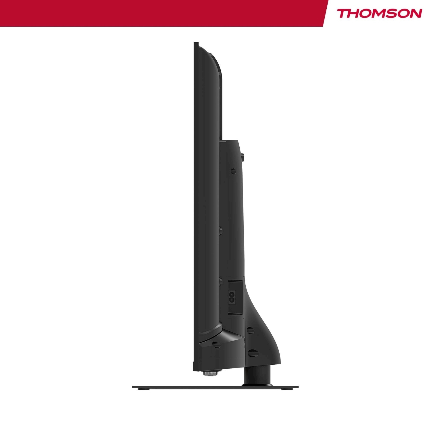 Vista laterale di una TV Thomson nera su sfondo bianco. In alto una barra rossa con il logo Thomson. La TV è su un supporto nero.