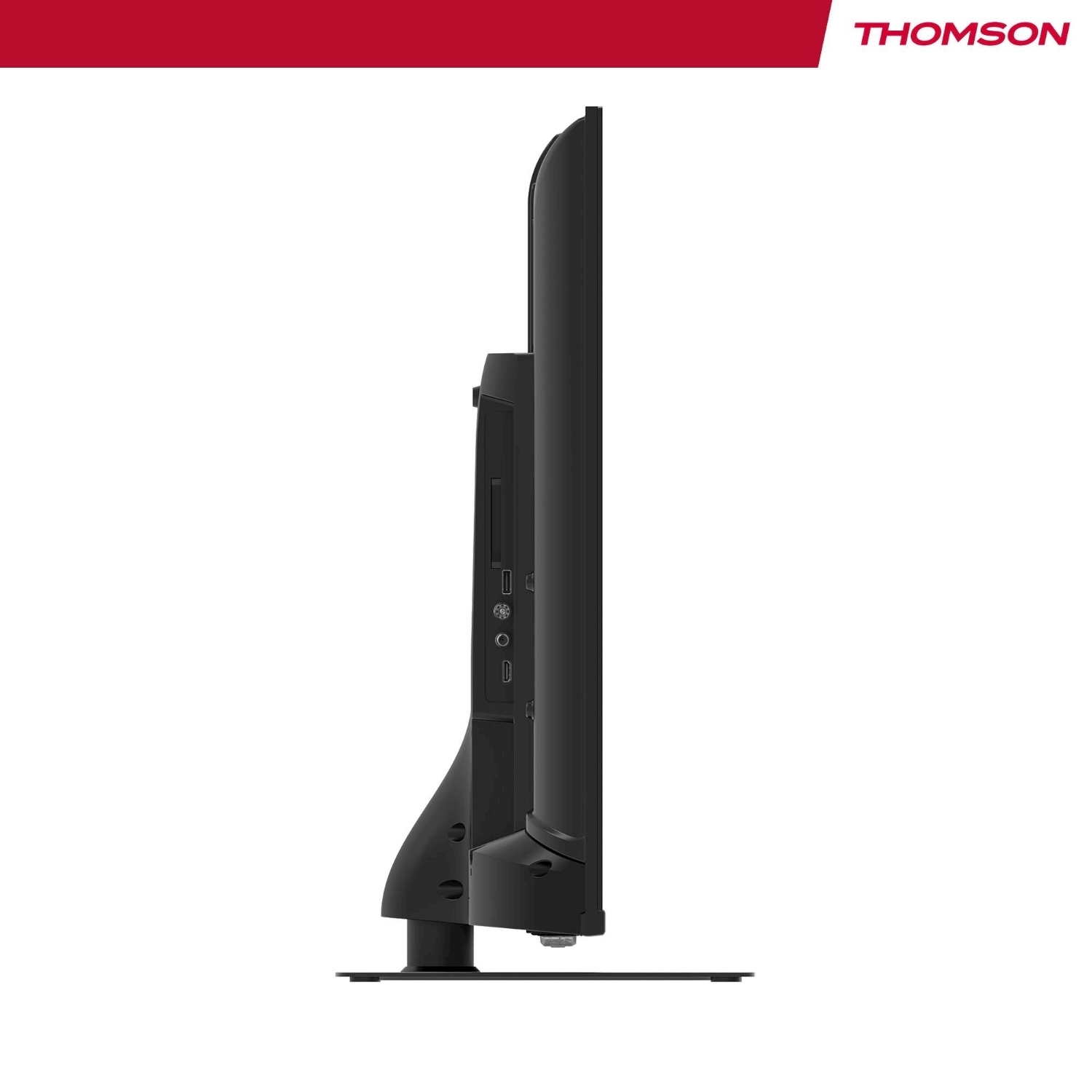 Vista laterale di una TV Thomson nera. È su una base. In alto una barra rossa e il logo Thomson.