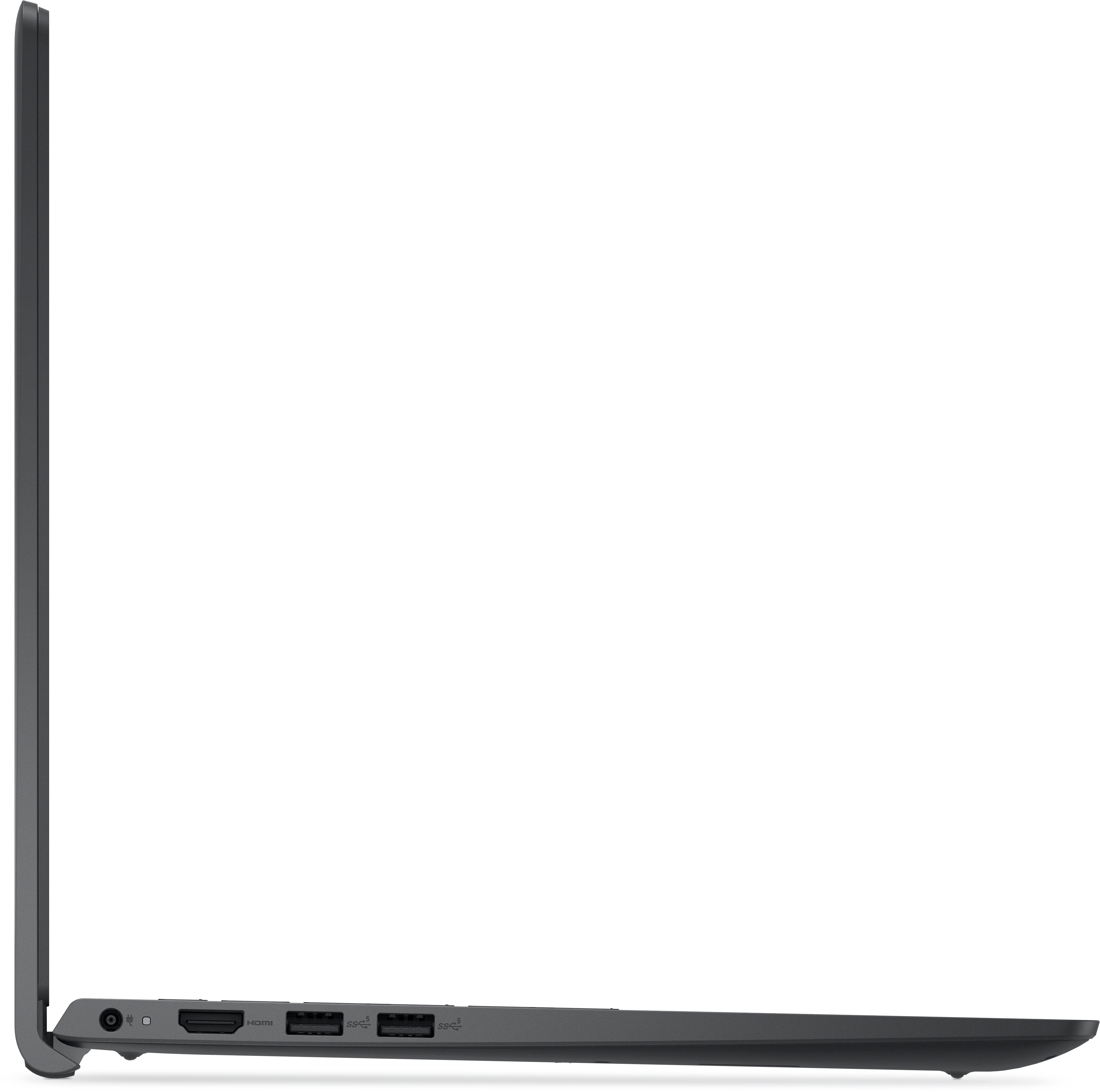 Seitenansicht eines dunkelgrauen Laptops. Sichtbare Anschlüsse sind Strom, HDMI und USB.