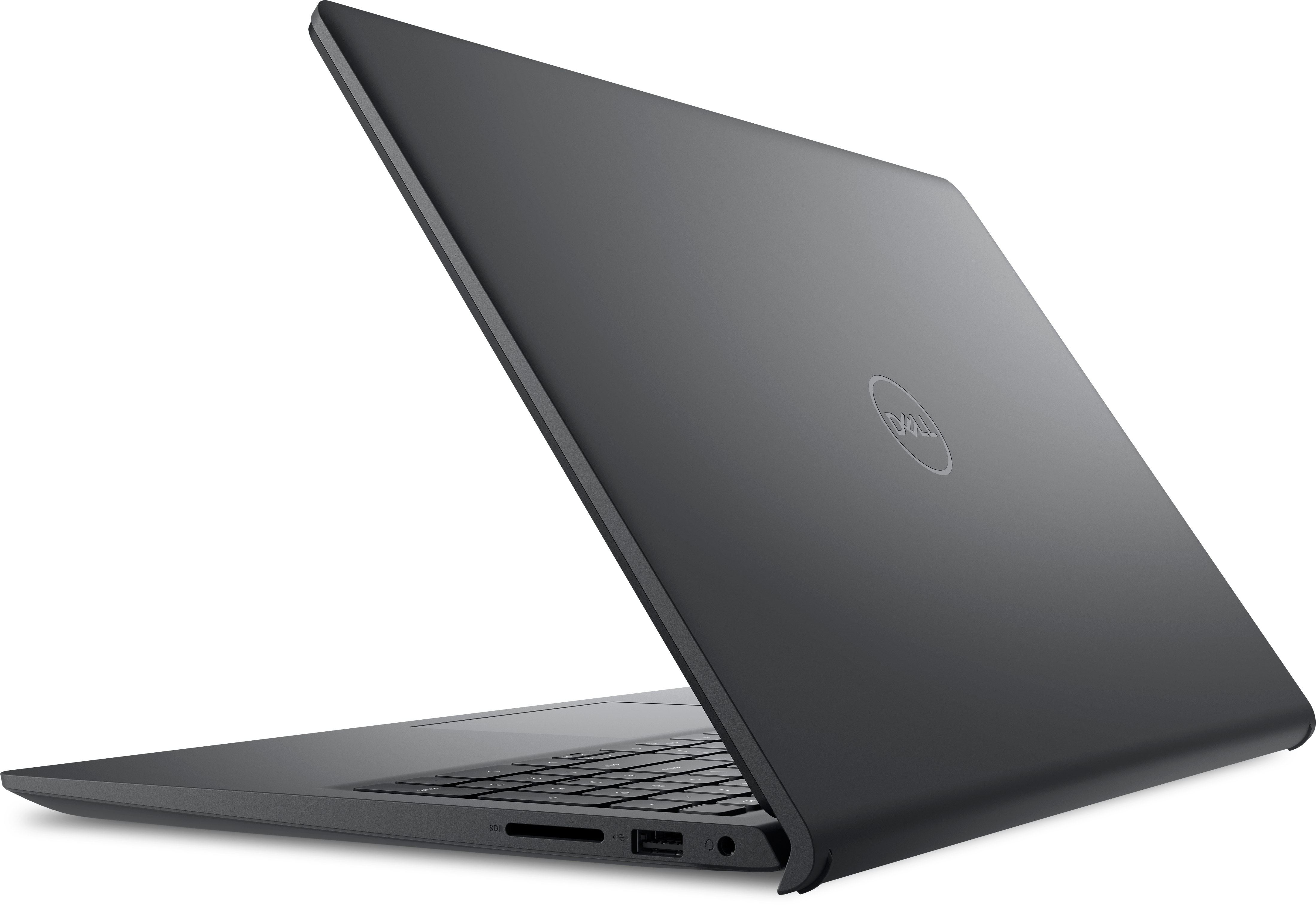 Ein grauer Dell-Laptop, teilweise geöffnet, vor schwarzem Hintergrund. Das Dell-Logo ist sichtbar.