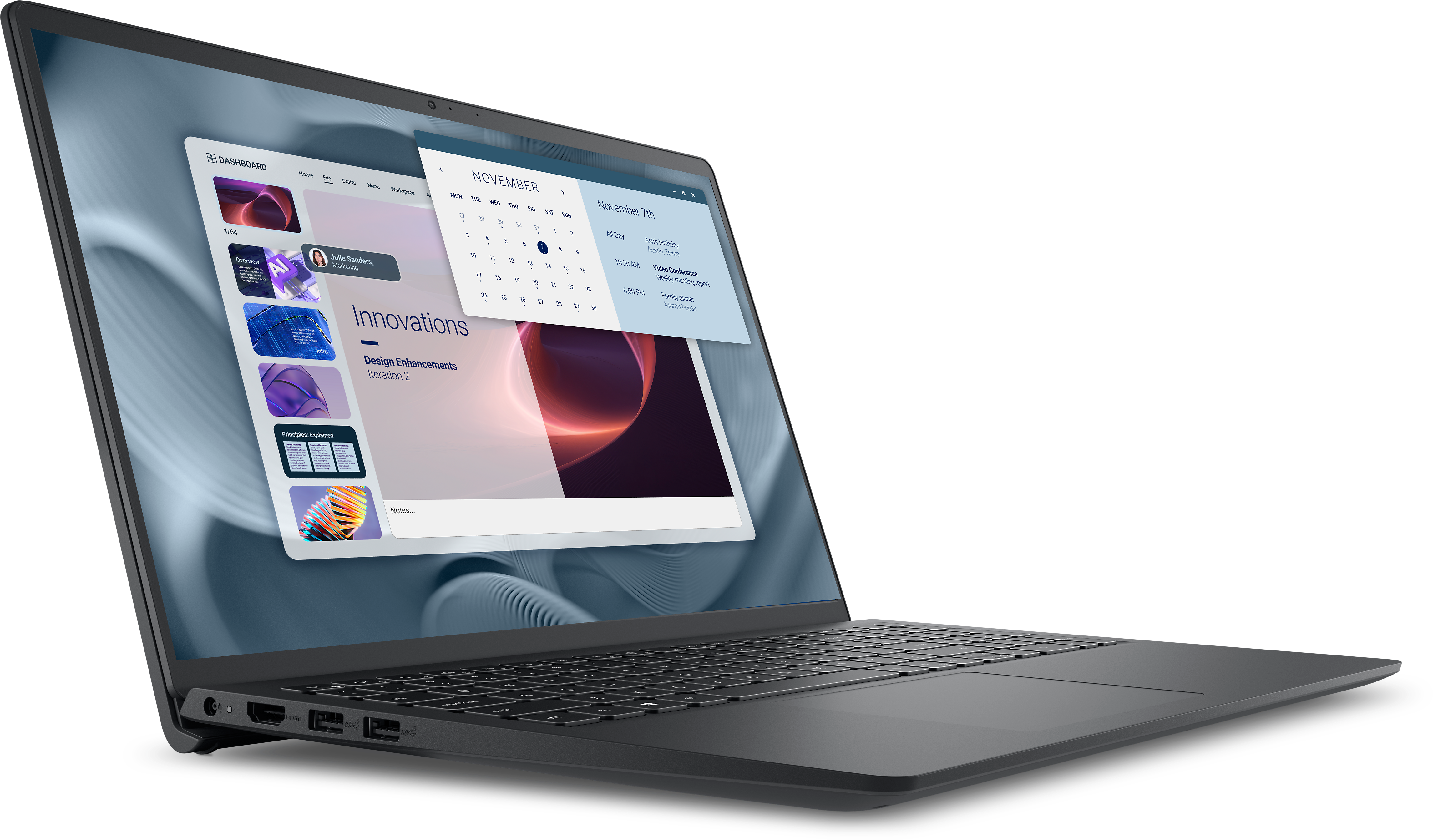 Laptop mit Kalender und Dashboard. Der Kalender zeigt den 7. November. Schwarzer Hintergrund.