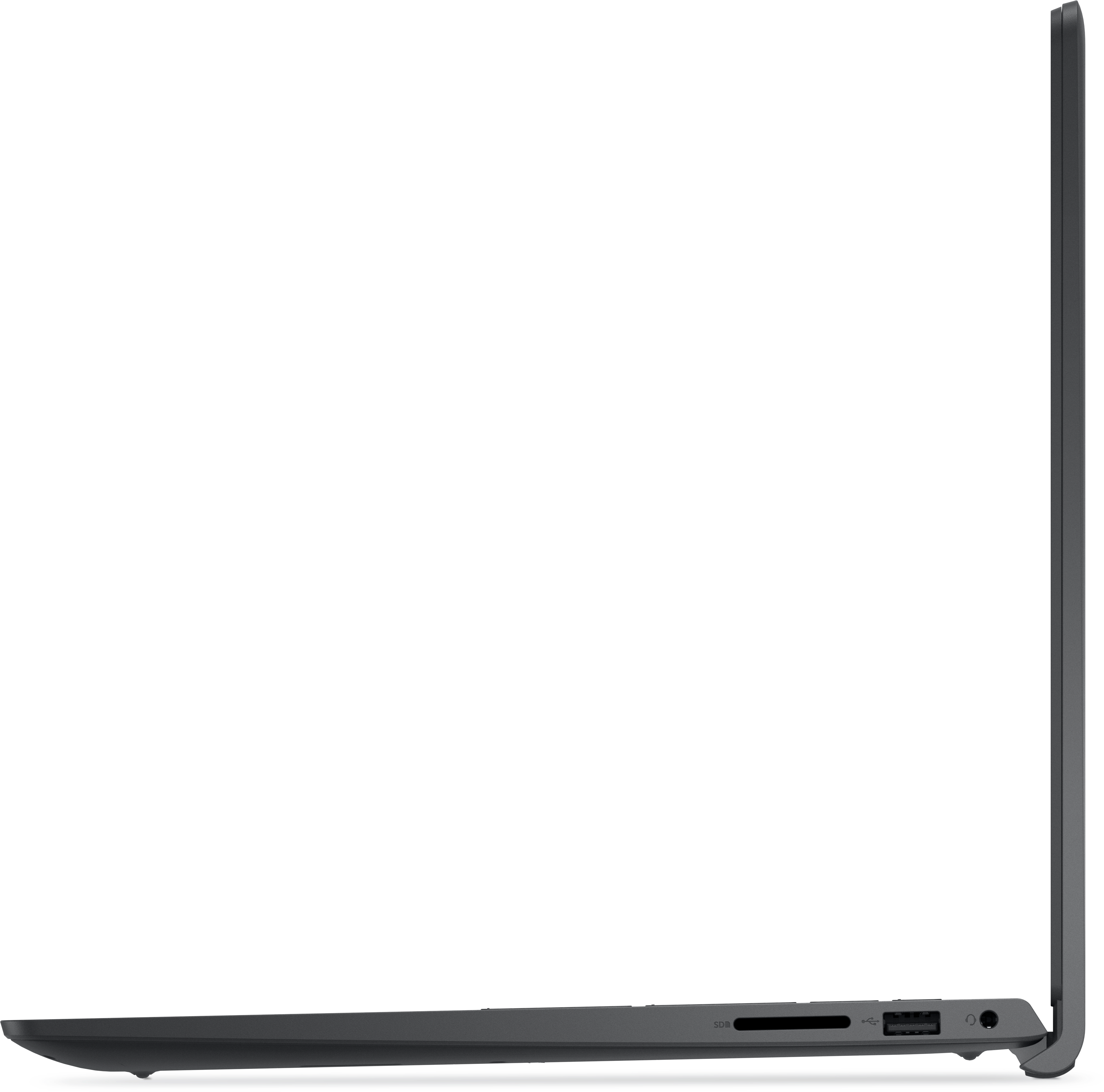 Seitenansicht eines dunkelgrauen Laptops. Anschlüsse sind an der Seite sichtbar.