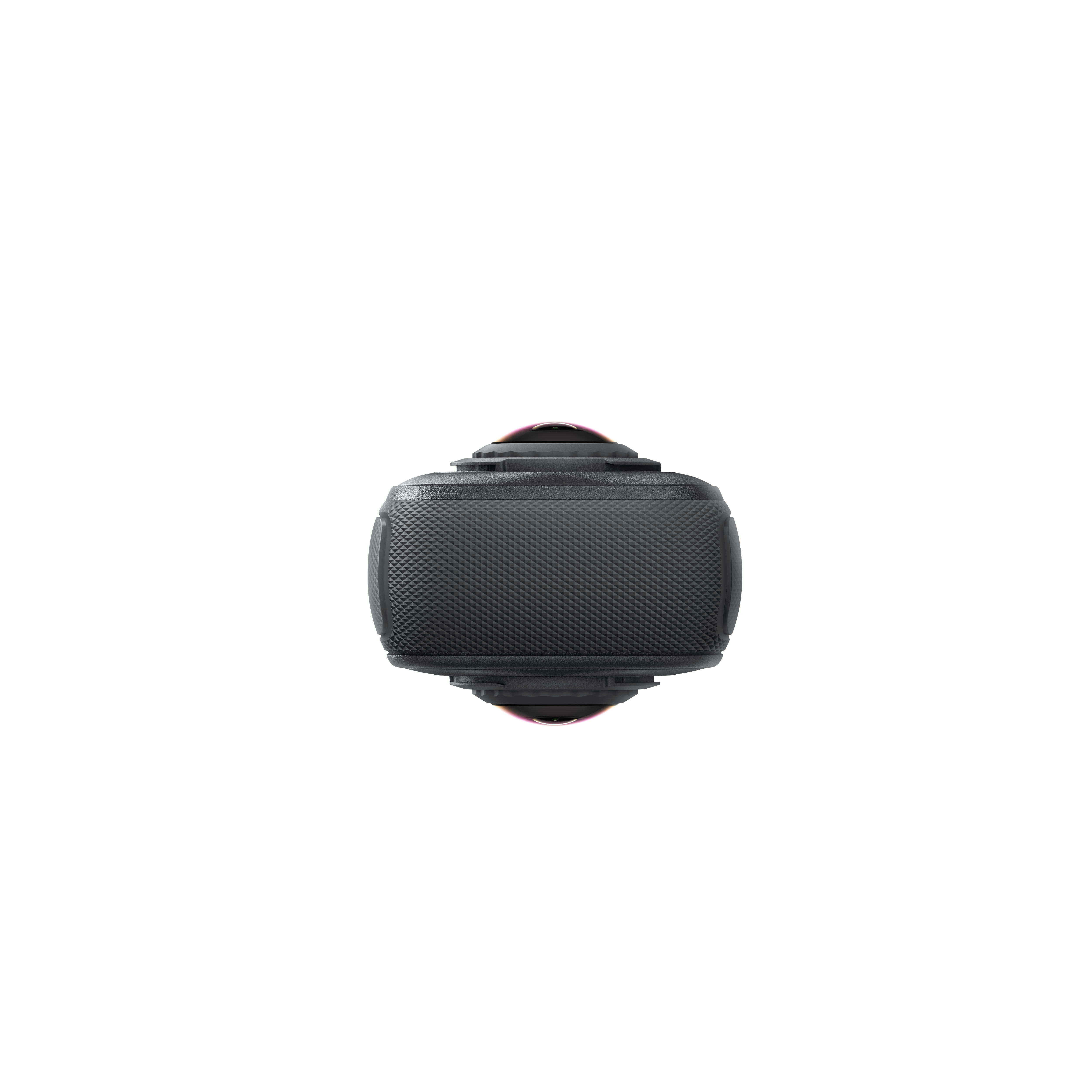 Eine schwarze 360-Grad-Kamera ist auf weißem Hintergrund zentriert. Sie hat einen strukturierten Griff und zwei Objektive.