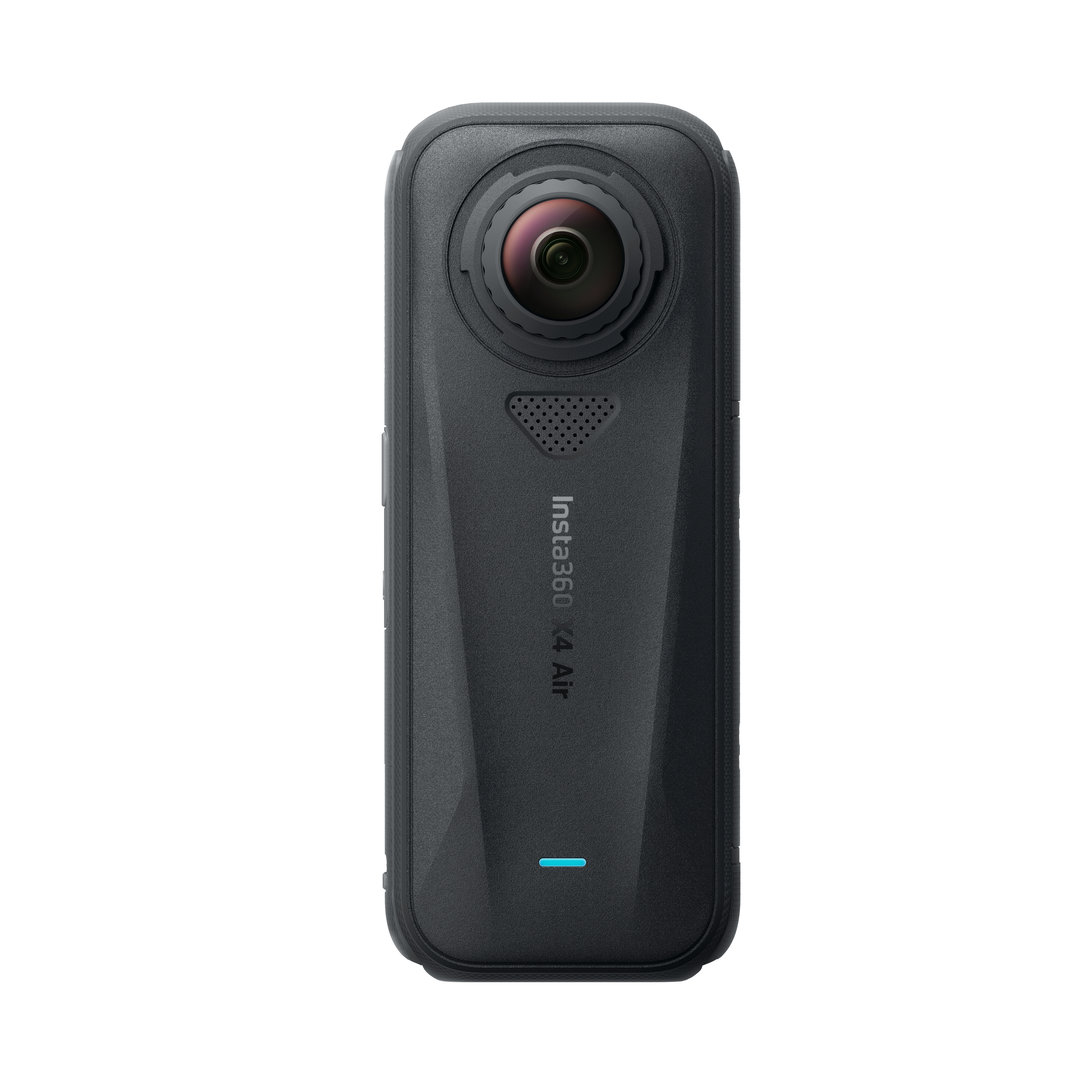 Schwarze Insta360 X4 Air Kamera. Sie hat ein Objektiv, ein blaues Licht und den Markennamen darauf. Der Hintergrund ist weiß.