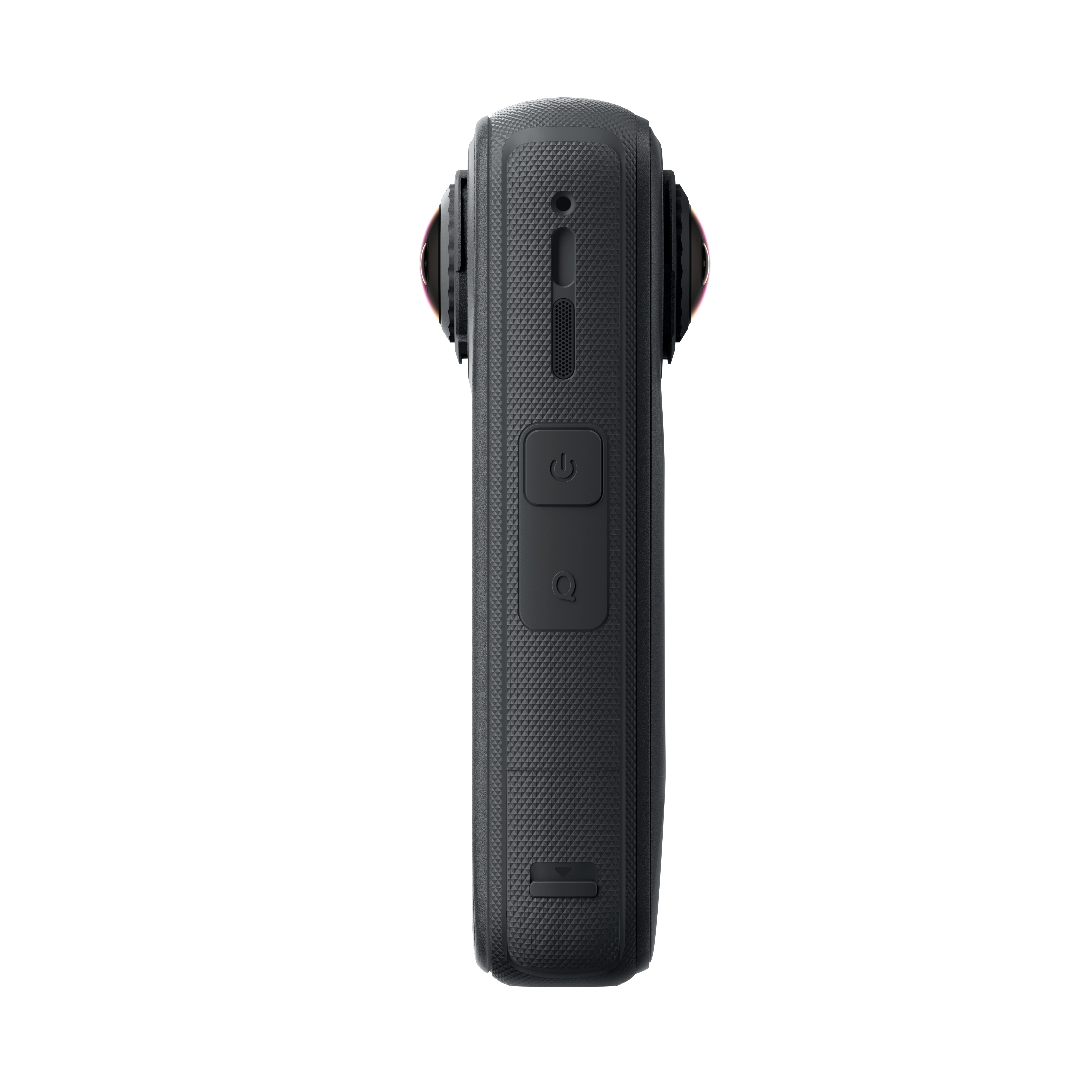 Eine schwarze 360-Grad-Kamera. Sie hat auf jeder Seite zwei Objektive. Power- und Q-Tasten sind sichtbar.