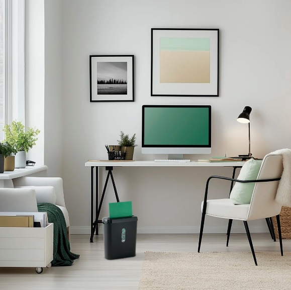 Biuro z biurkiem, komputerem, krzesłem i niszczarką do papieru. Dzieła sztuki wiszą na ścianie, widoczne jest okno.