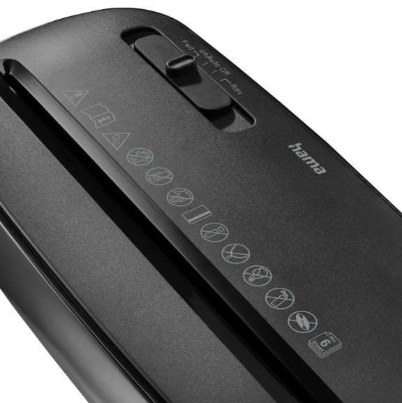 Zbliżenie czarnej niszczarki do papieru. Kontrolki: Przód, Wł./Auto, Wył., Tył. Marka 'hama'. Symbole i etykieta '6 kartek'.