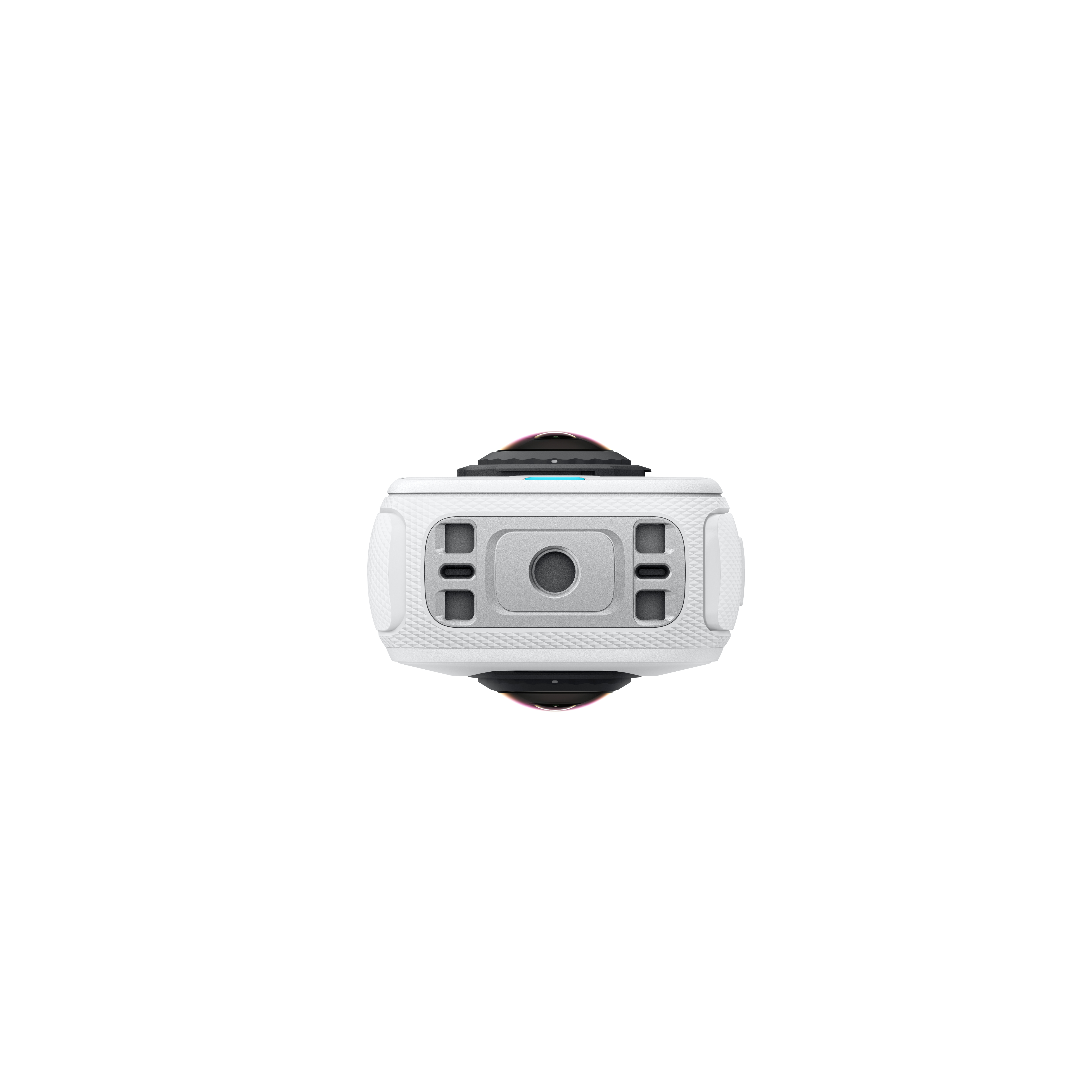 Eine weiße und silberne 360-Grad-Kamera. Sie hat auf jeder Seite ein Objektiv und eine flache Oberseite.