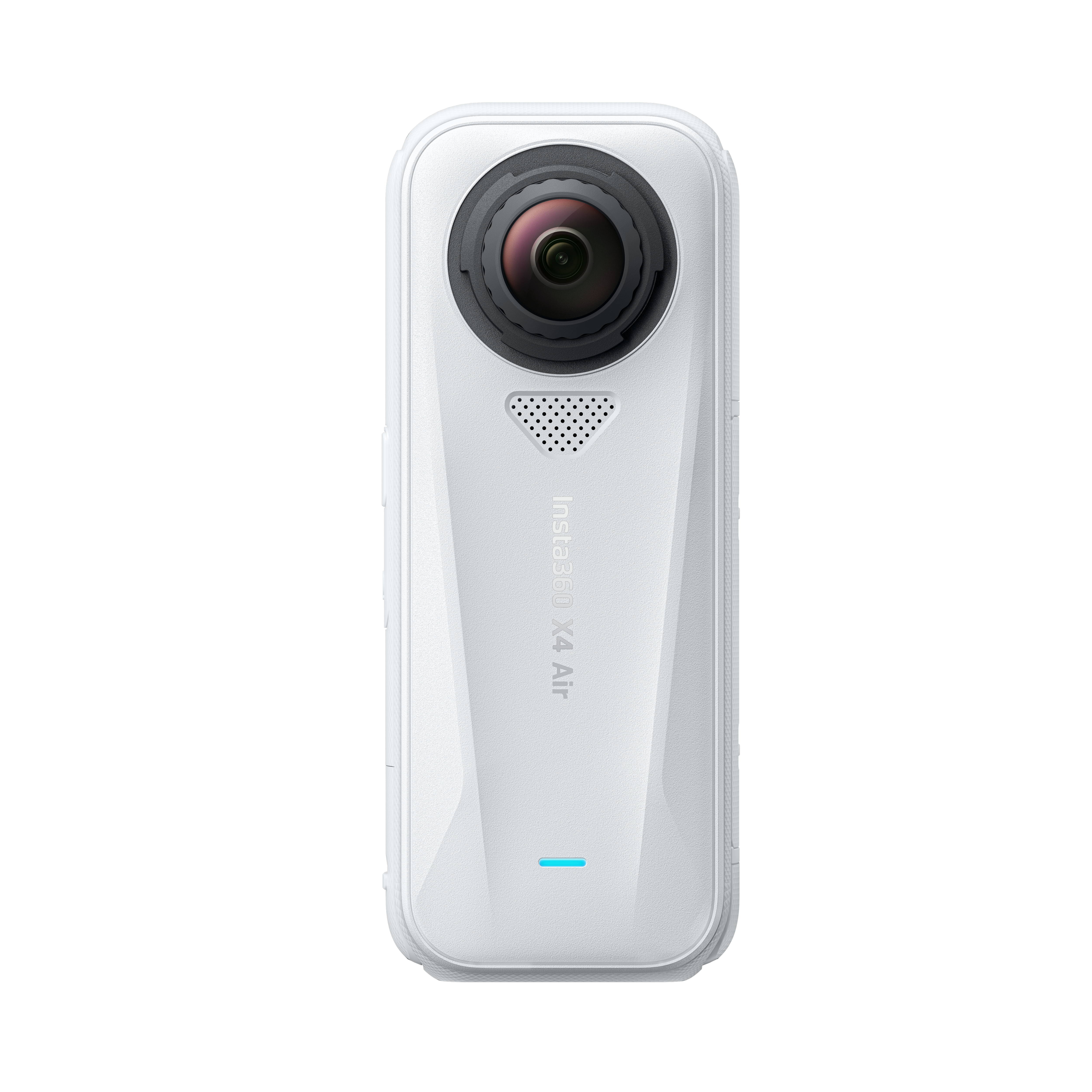 Eine weiße Insta360 X4 Air Kamera. Sie hat ein Objektiv, einen Lautsprecher und ein Licht.