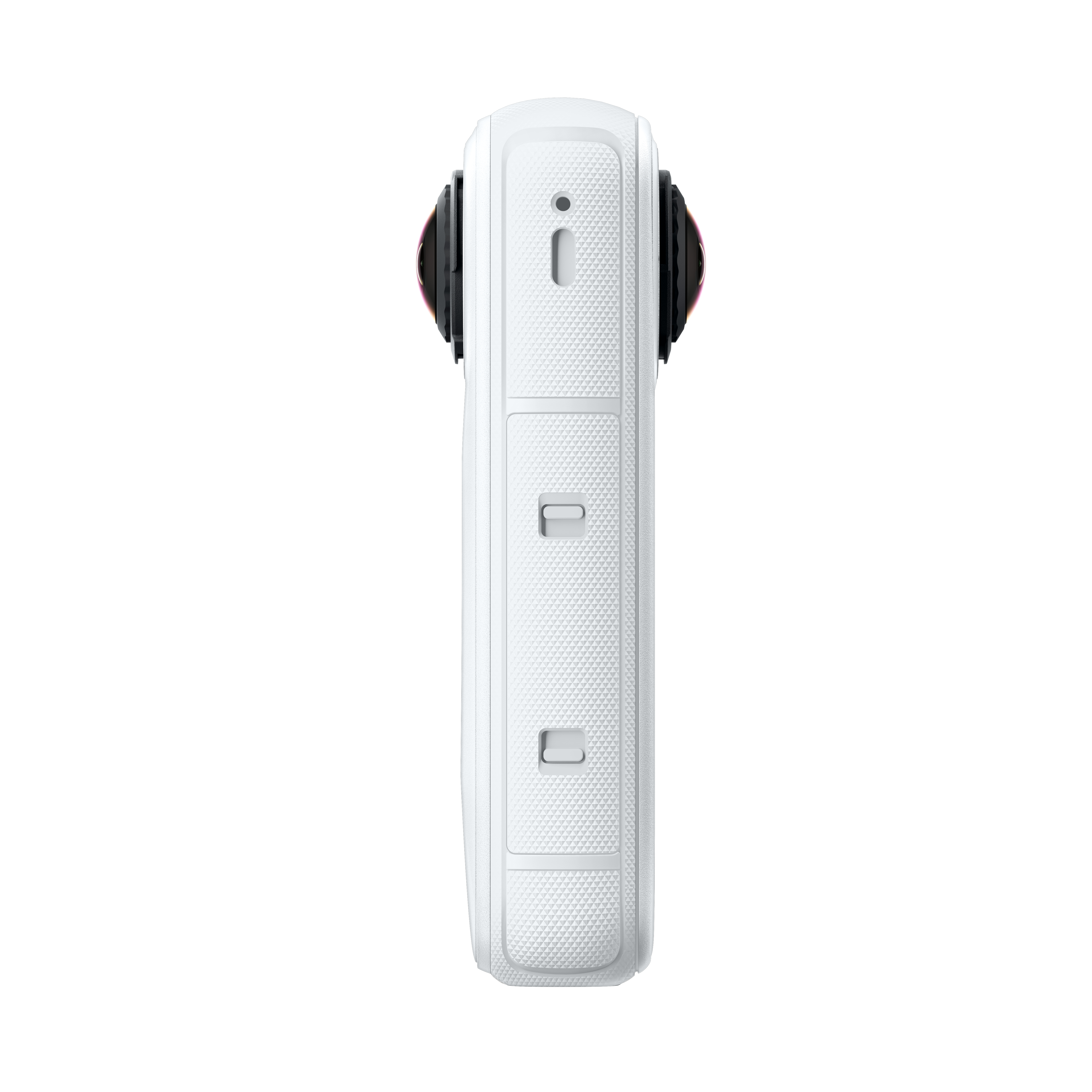 Eine weiße 360-Grad-Kamera. Sie hat zwei Objektive. Die Seite hat Knöpfe und ein strukturiertes Design.