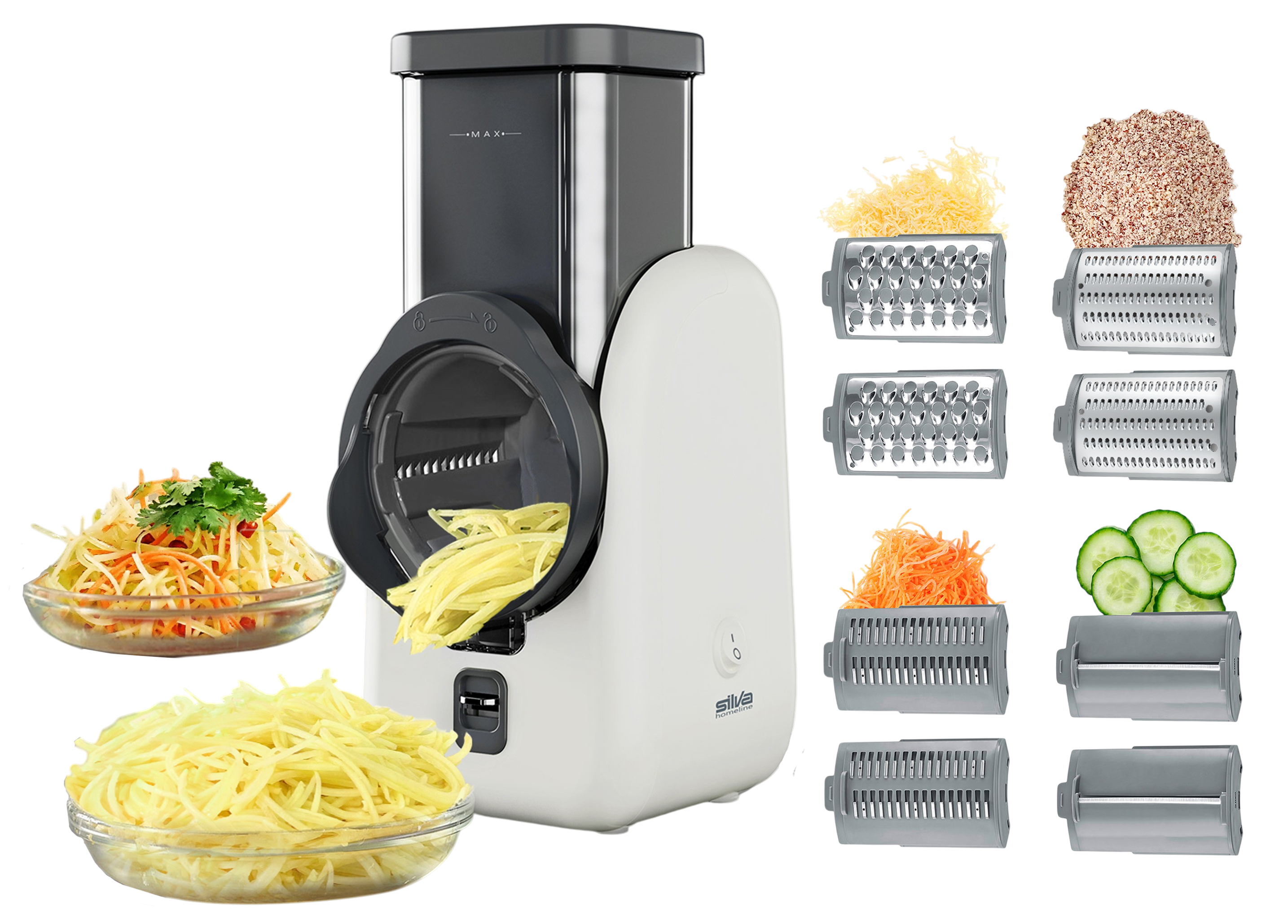 Ein Foodprozessor mit verschiedenen Klingen und geschnittenem Gemüse. Enthält geriebenen Käse und Gurken.