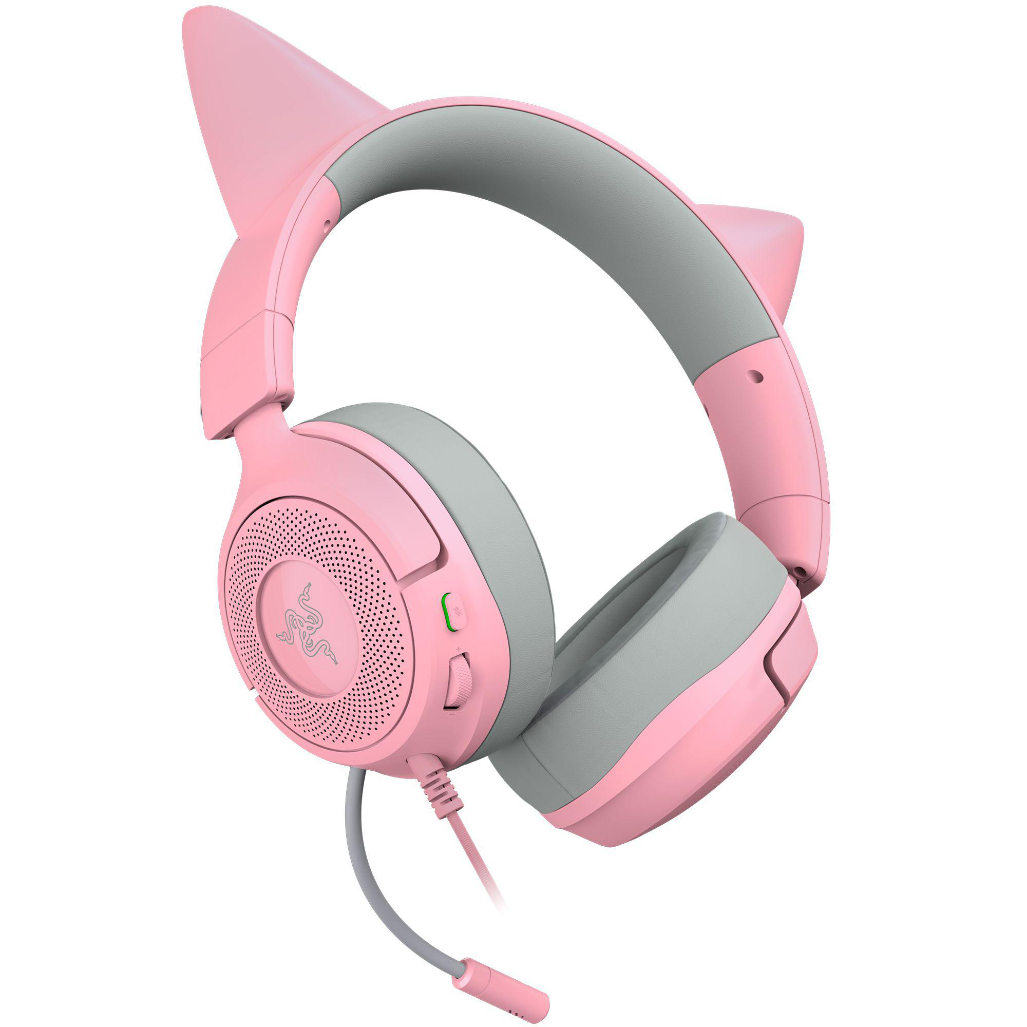 Rosa und graue Katzenohr-Kopfhörer. Razer-Logo sichtbar. Graues Kabel mit Mikrofon.