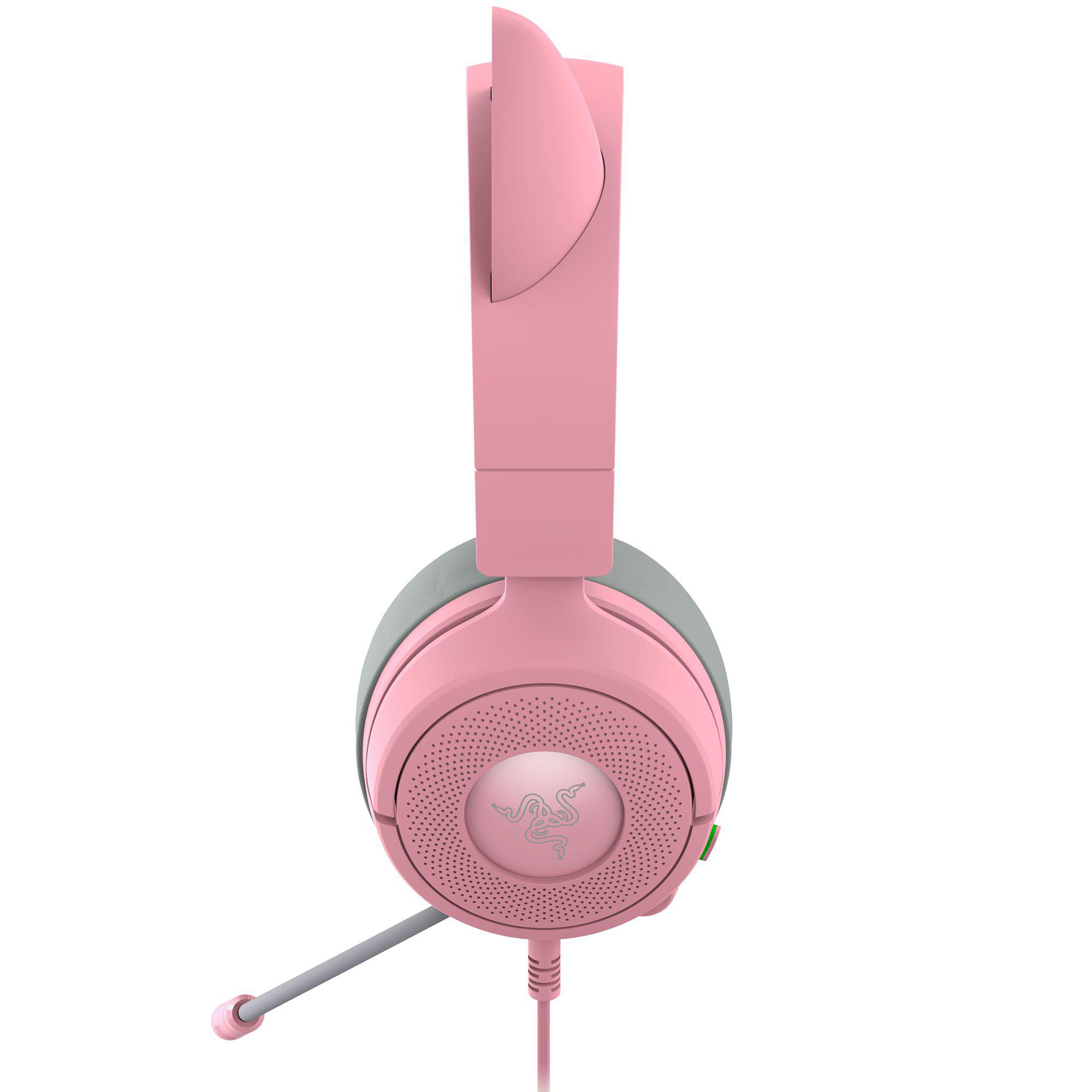 Rosa-graues Razer-Gaming-Headset mit Katzenohren-Design, Mikrofon und Logo auf der Ohrmuschel. Isoliert auf weißem Hintergrund.