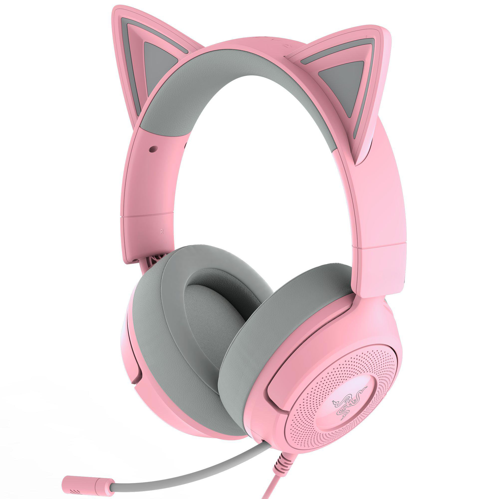 Pinke Katzenohr-Kopfhörer mit grauen Akzenten. Razer-Logo auf den Ohrmuscheln, mit abnehmbarem Mikrofon.
