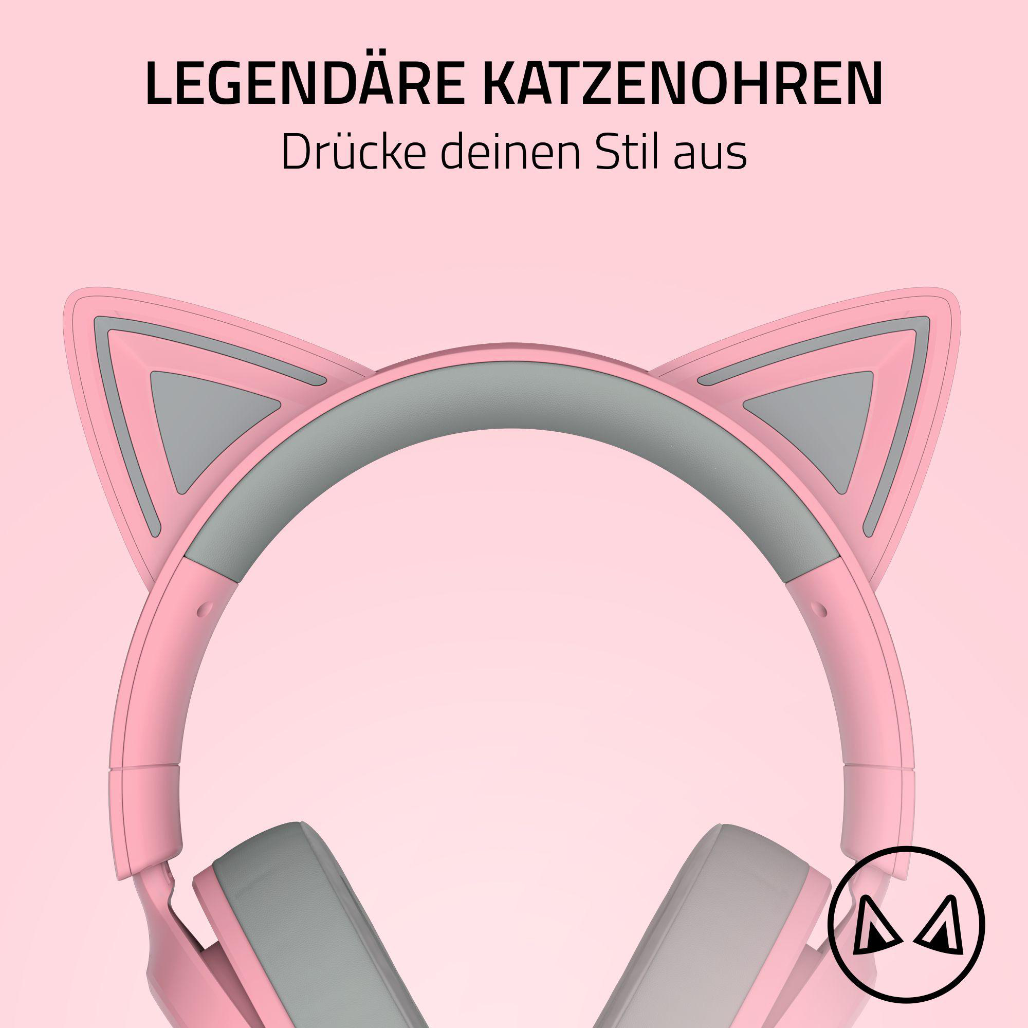 Rosa Katzenohr-Kopfhörer auf rosa Hintergrund. Graue Akzente. Text: Legendäre Katzenohren. Drücke deinen Stil aus.