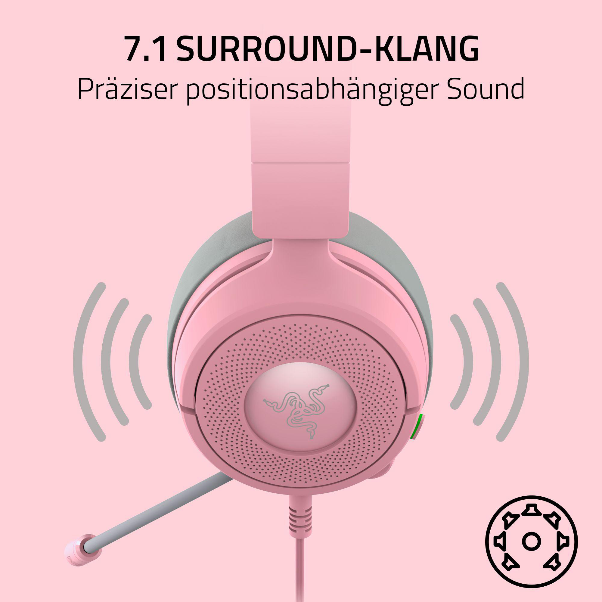 Rosa Gaming-Headset mit Mikrofon. Der Hintergrund ist rosa. Der Text sagt Surround-Sound.