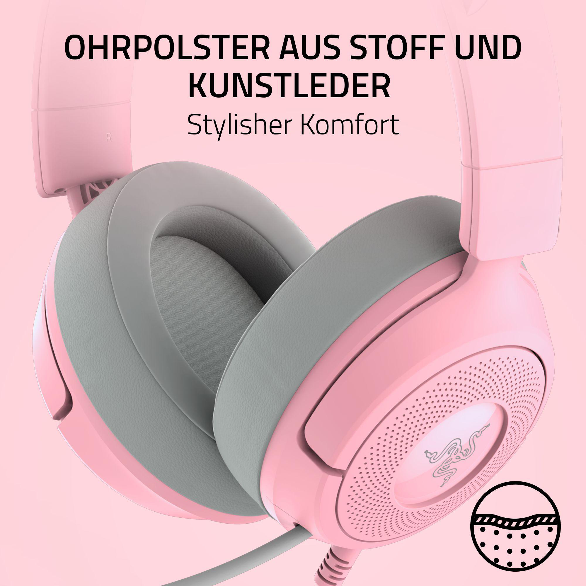 Rosa-graue Kopfhörer mit weichen Ohrmuscheln. Rosa Hintergrund mit Text: Stylischer Komfort.
