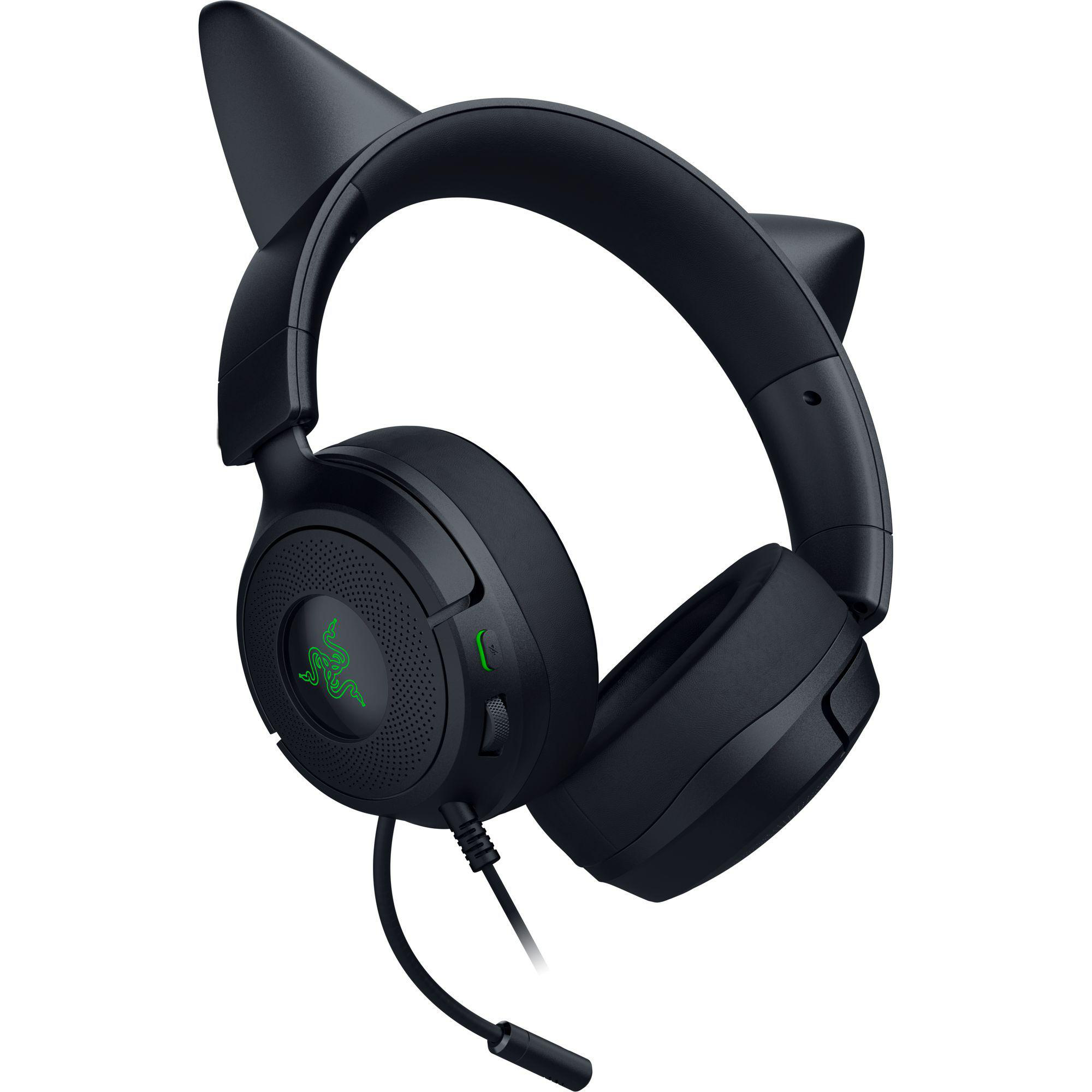 Schwarzes Razer-Gaming-Headset mit Katzenohren, grünem Logo und angeschlossenem Mikrofon auf weißem Hintergrund.