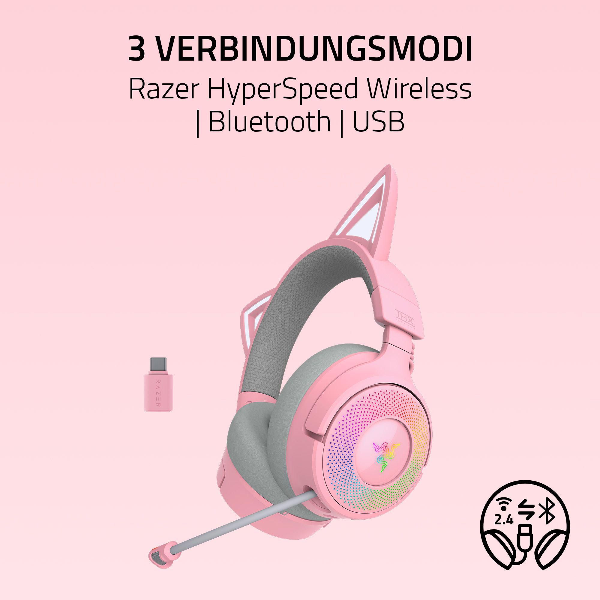Rosa Razer Gaming-Headset mit Katzenohren, USB-Empfänger und Konnektivitätssymbolen auf rosa Hintergrund.