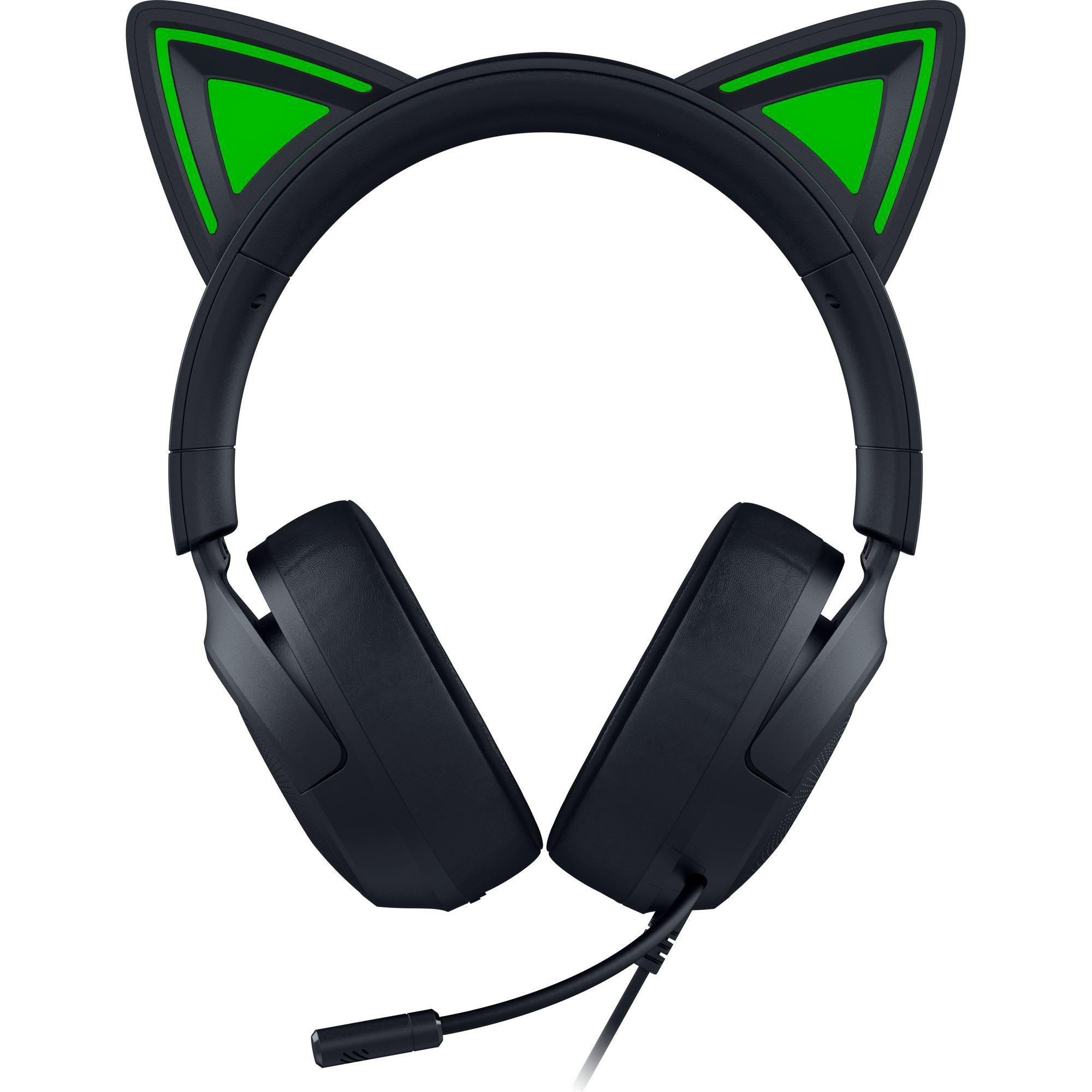 Schwarzes Headset mit Katzenohren. Grüne Akzente in den Ohren. Mikrofon befestigt. Weißer Hintergrund.