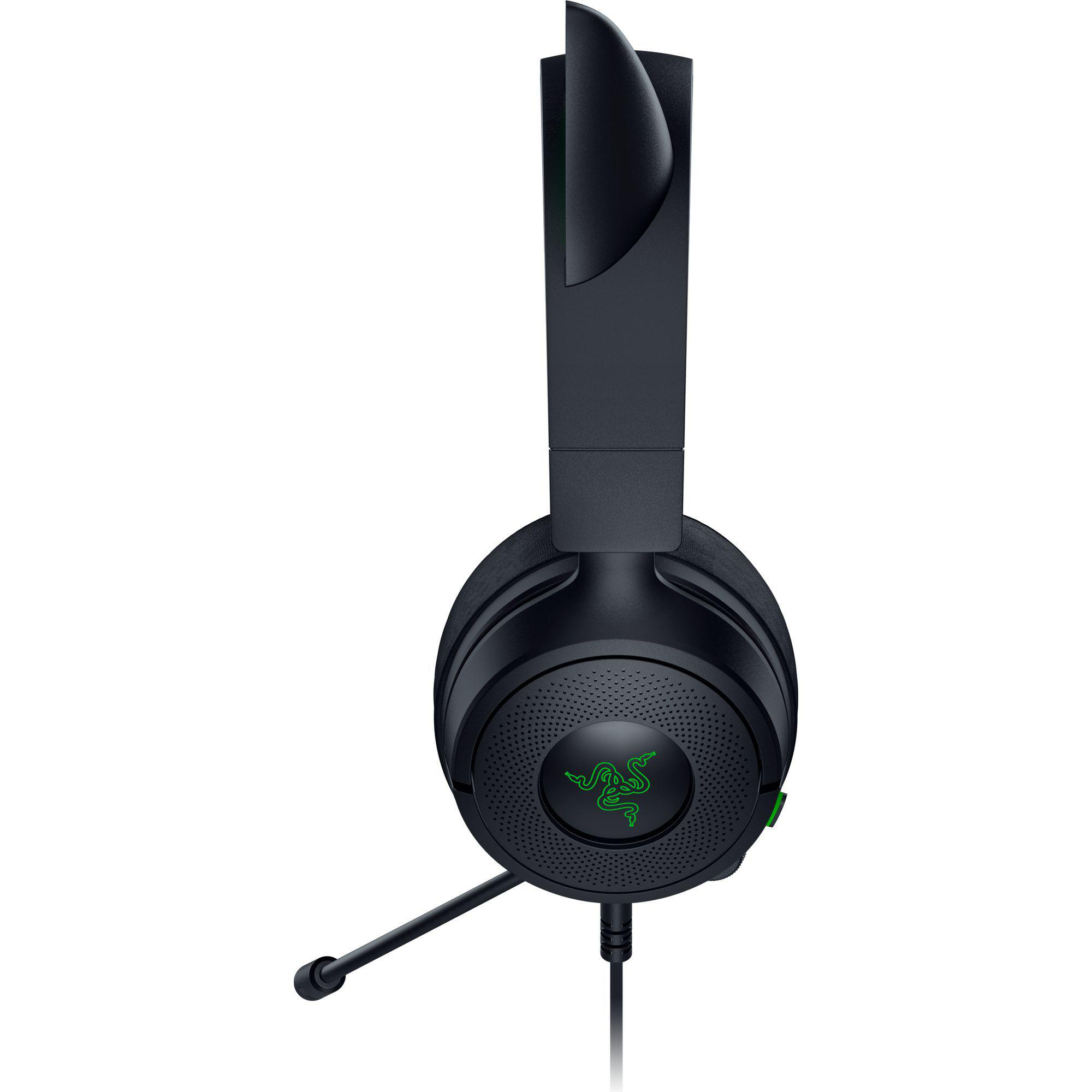 Schwarzes Razer-Gaming-Headset mit Mikrofon. Der Hintergrund ist weiß. Das Razer-Logo ist grün.