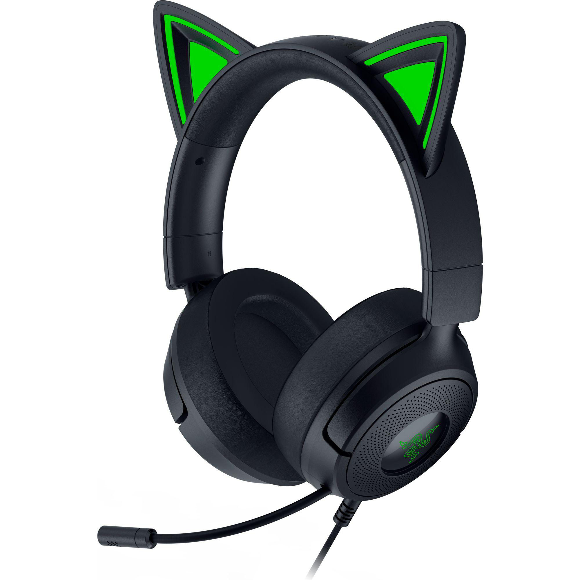 Schwarzes Gaming-Headset mit Katzenohren und grünen Akzenten. Verfügt über ein Mikrofon und das Razer-Logo.