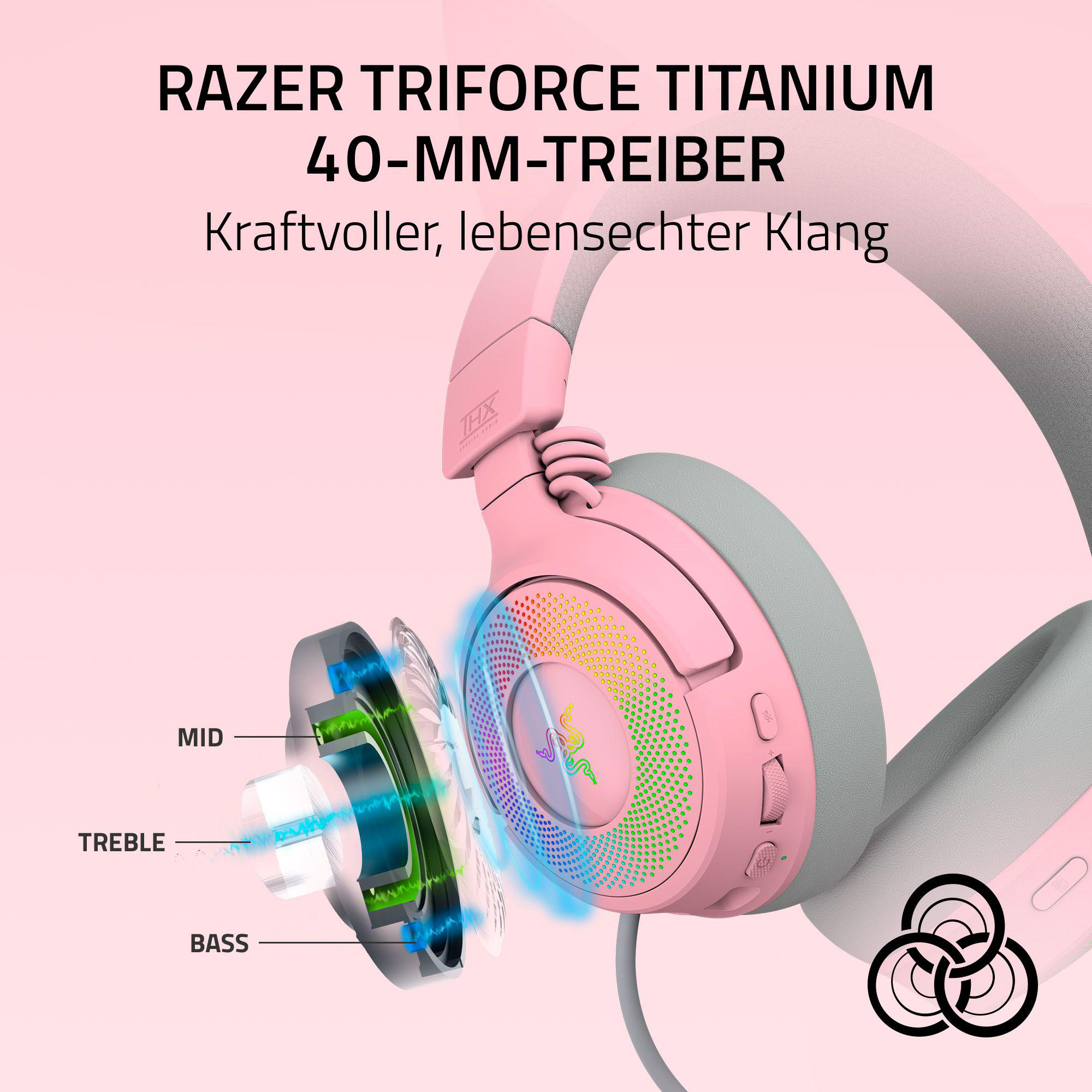 Rosa Razer Triforce Titanium-Headset. Merkmale sind ein 40-mm-Treiber, THX Spatial Audio und eine detaillierte Innenansicht.