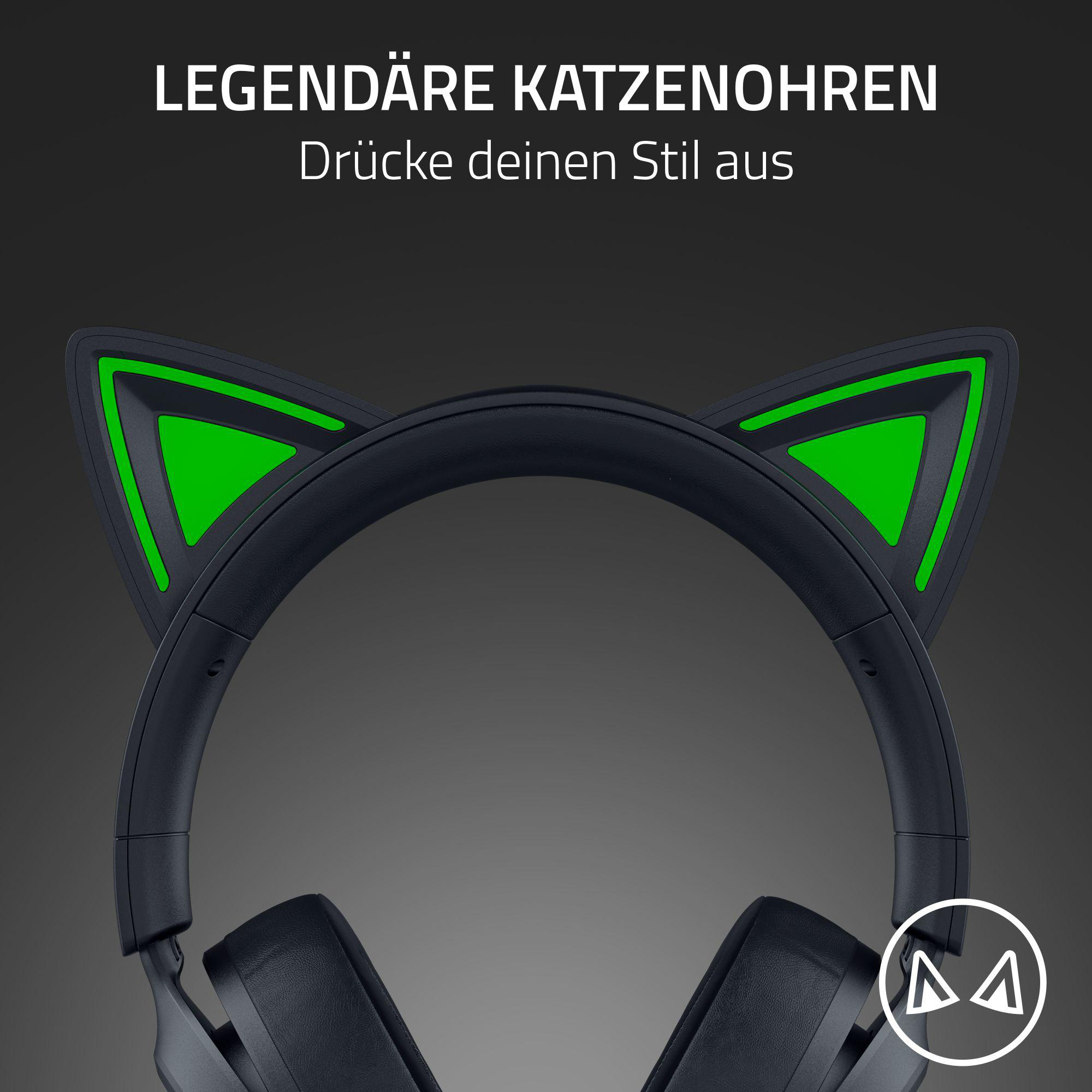 Kopfhörer mit Katzenohren. Schwarzes Design mit grünen Akzenten. Text: LEGENDÄRE KATZENOHREN.