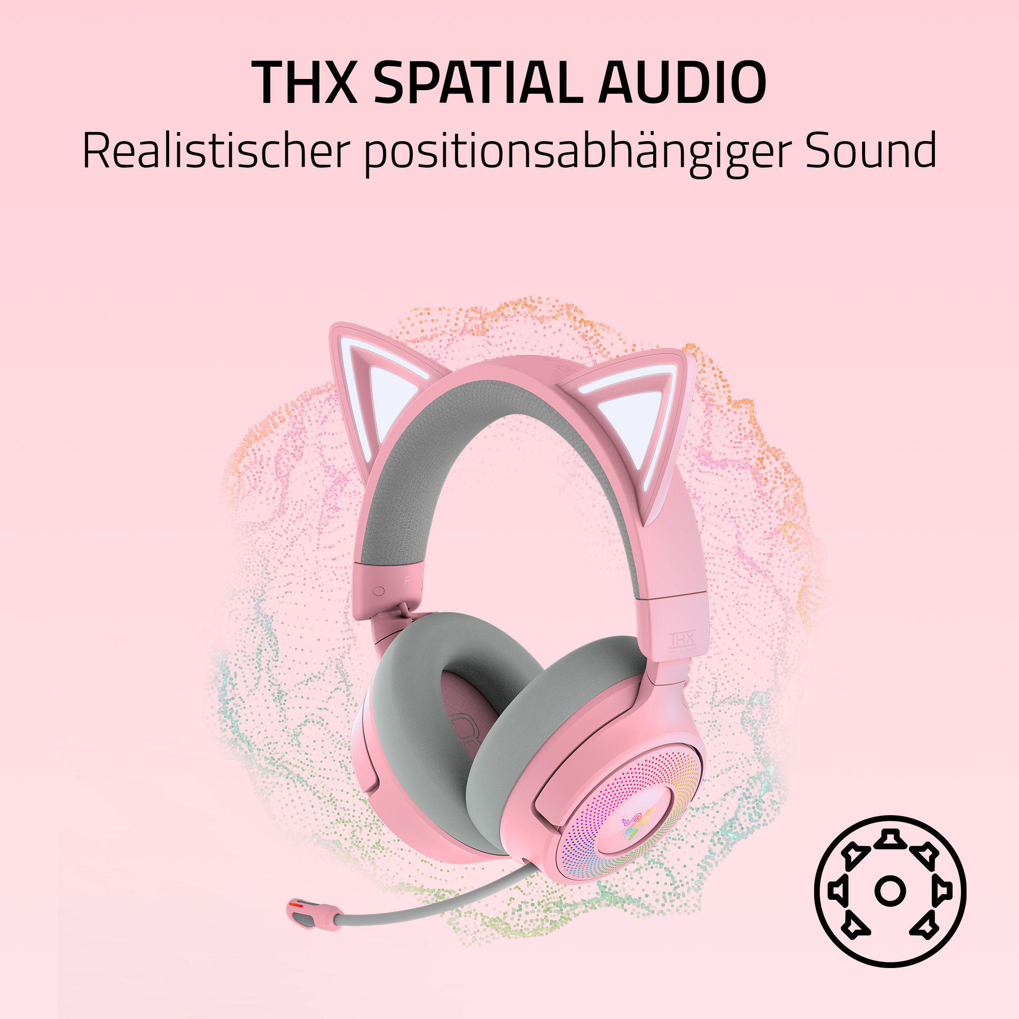 Pinke Katzenohr-Kopfhörer mit grauer Polsterung. Rosa Hintergrund mit Text: THX SPATIAL AUDIO und Tonsymbol.