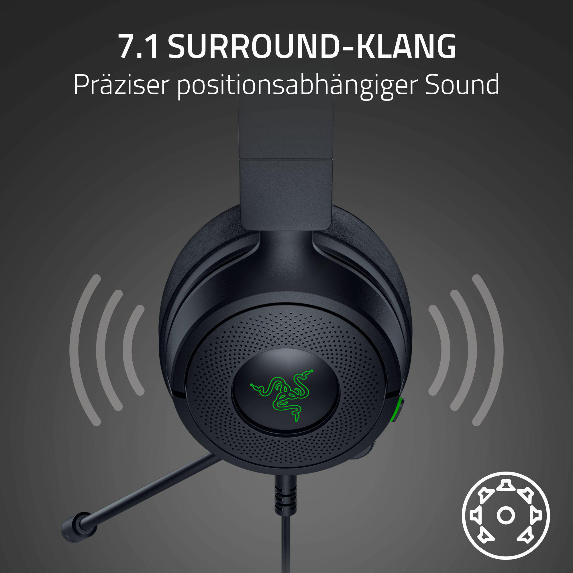 Schwarzes Gaming-Headset mit Mikrofon. Das Razer-Logo ist sichtbar. Graue Schallwellen gehen von den Kopfhörern aus.