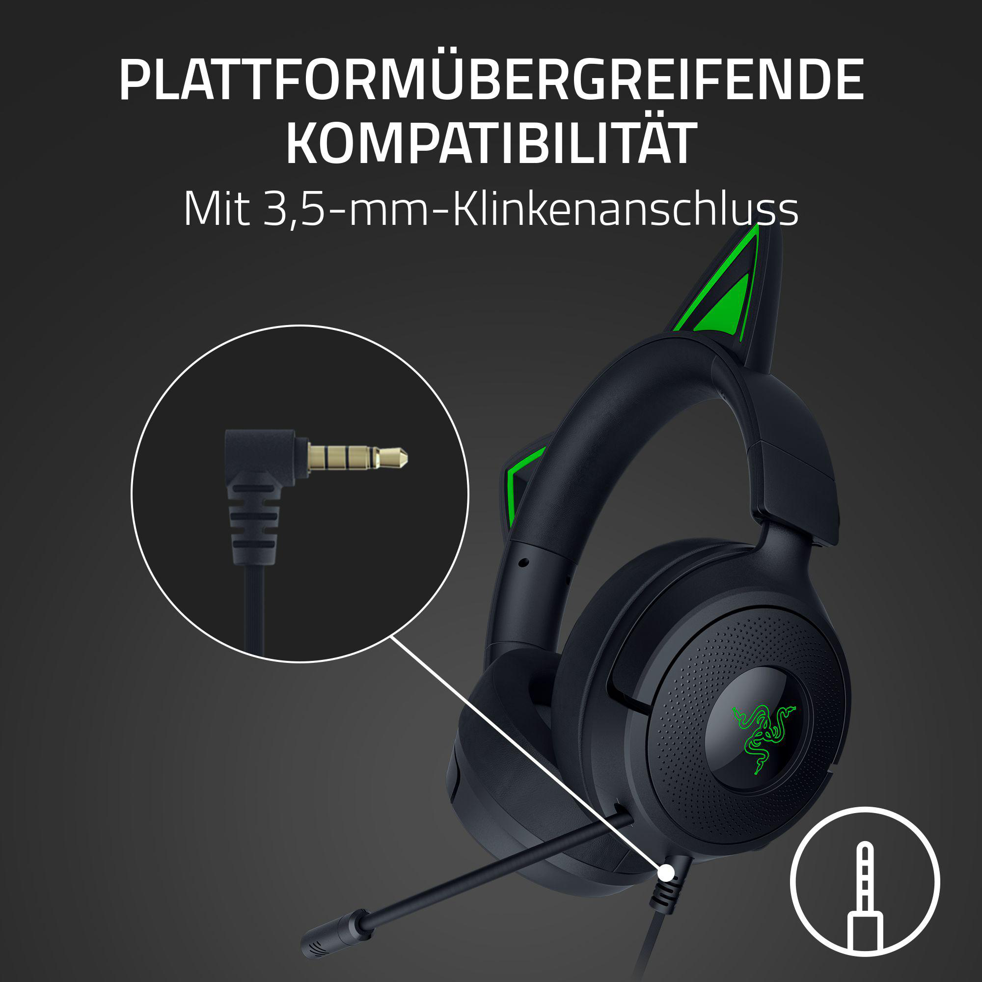 Schwarzes Gaming-Headset mit grünen Akzenten. 3,5-mm-Klinkenanschluss sichtbar. Text: 'PLATFORMÜBERGREIFENDE KOMPATIBILITÄT'.