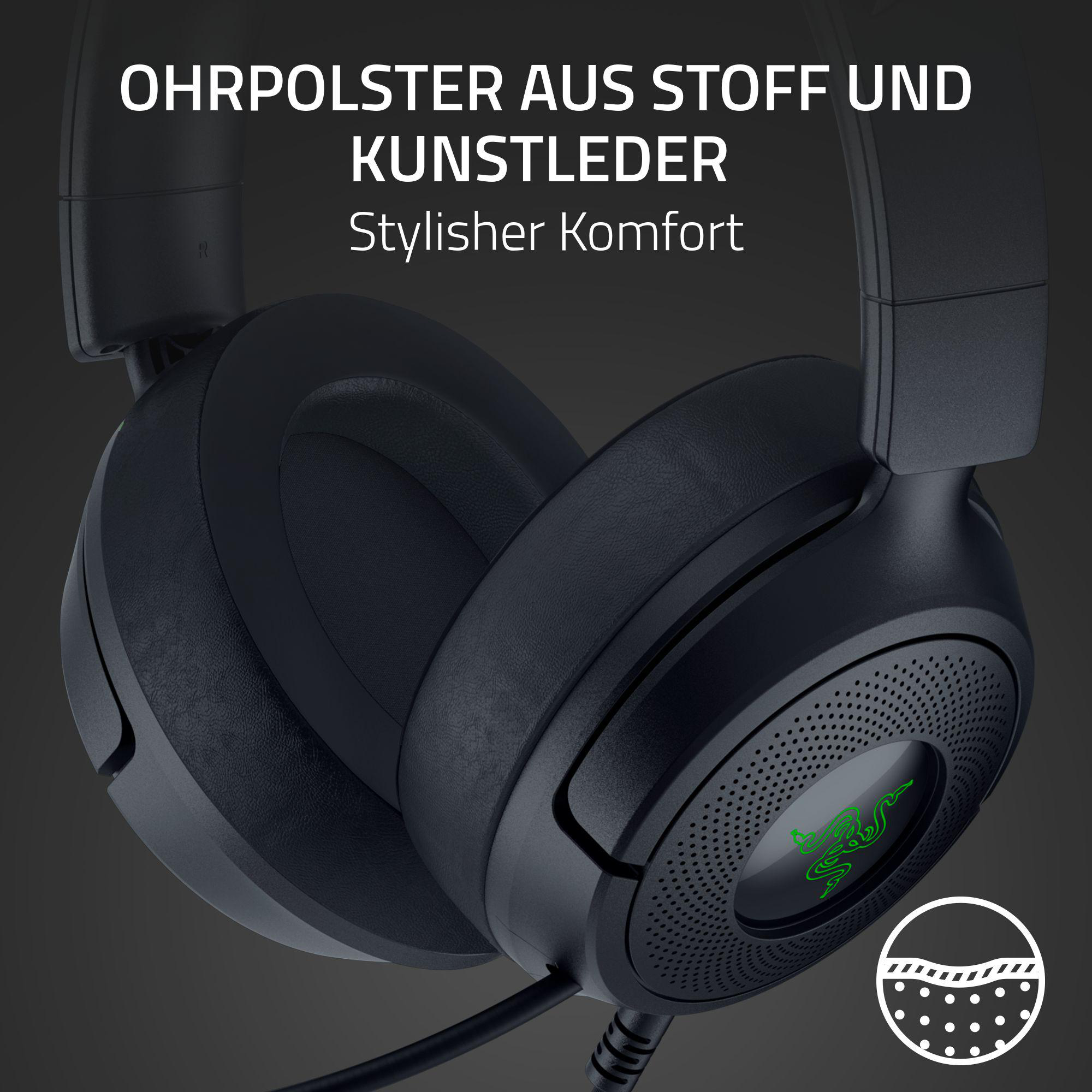 Nahaufnahme von schwarzen Kopfhörern mit Text darüber. Die Kopfhörer haben ein Razer-Logo. Sie bestehen aus Stoff und Kunstleder.