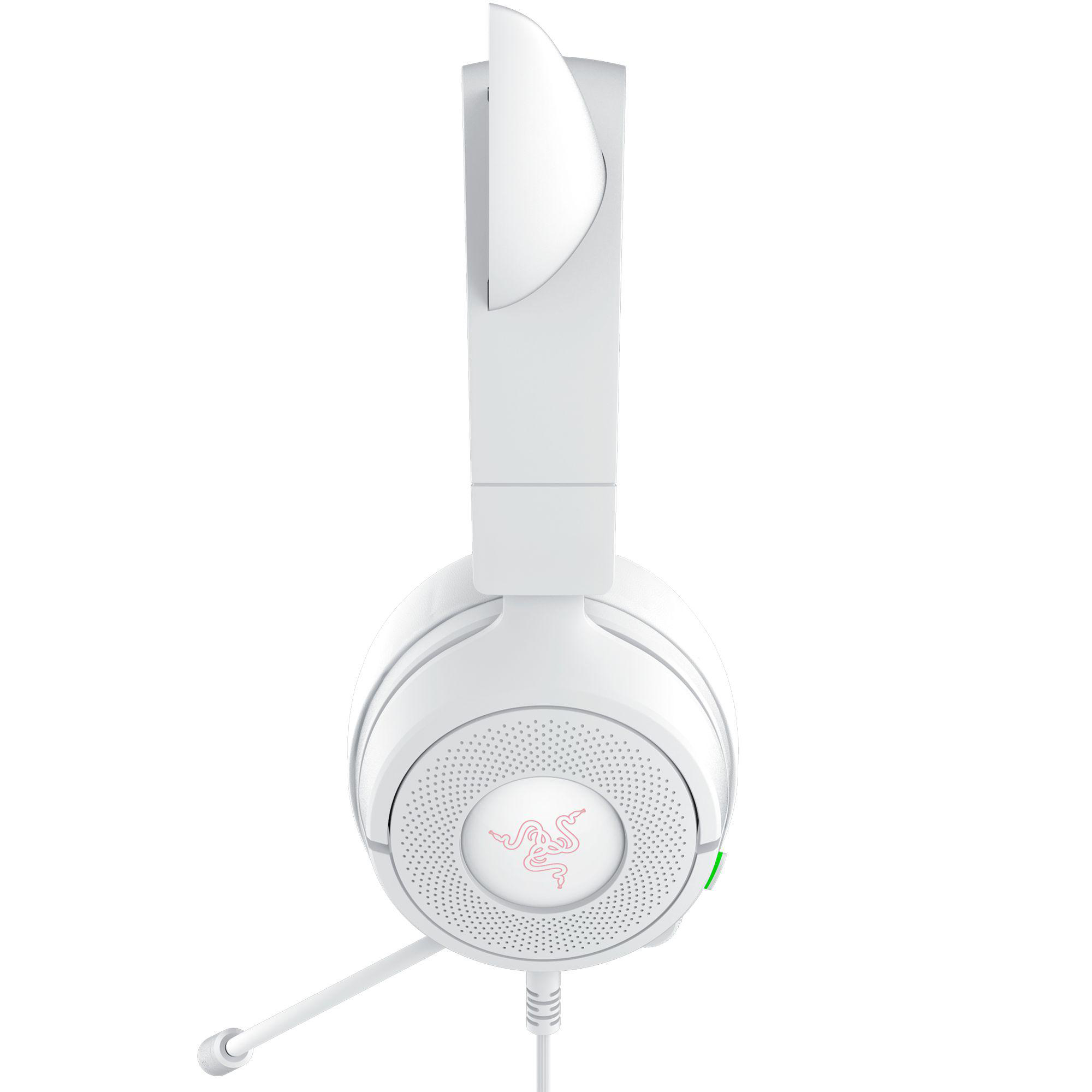 Weißes Razer Gaming-Headset. Merkmale sind ein Mikrofon, Ohrmuscheln und ein verstellbarer Kopfbügel. Das Razer-Logo ist sichtbar.
