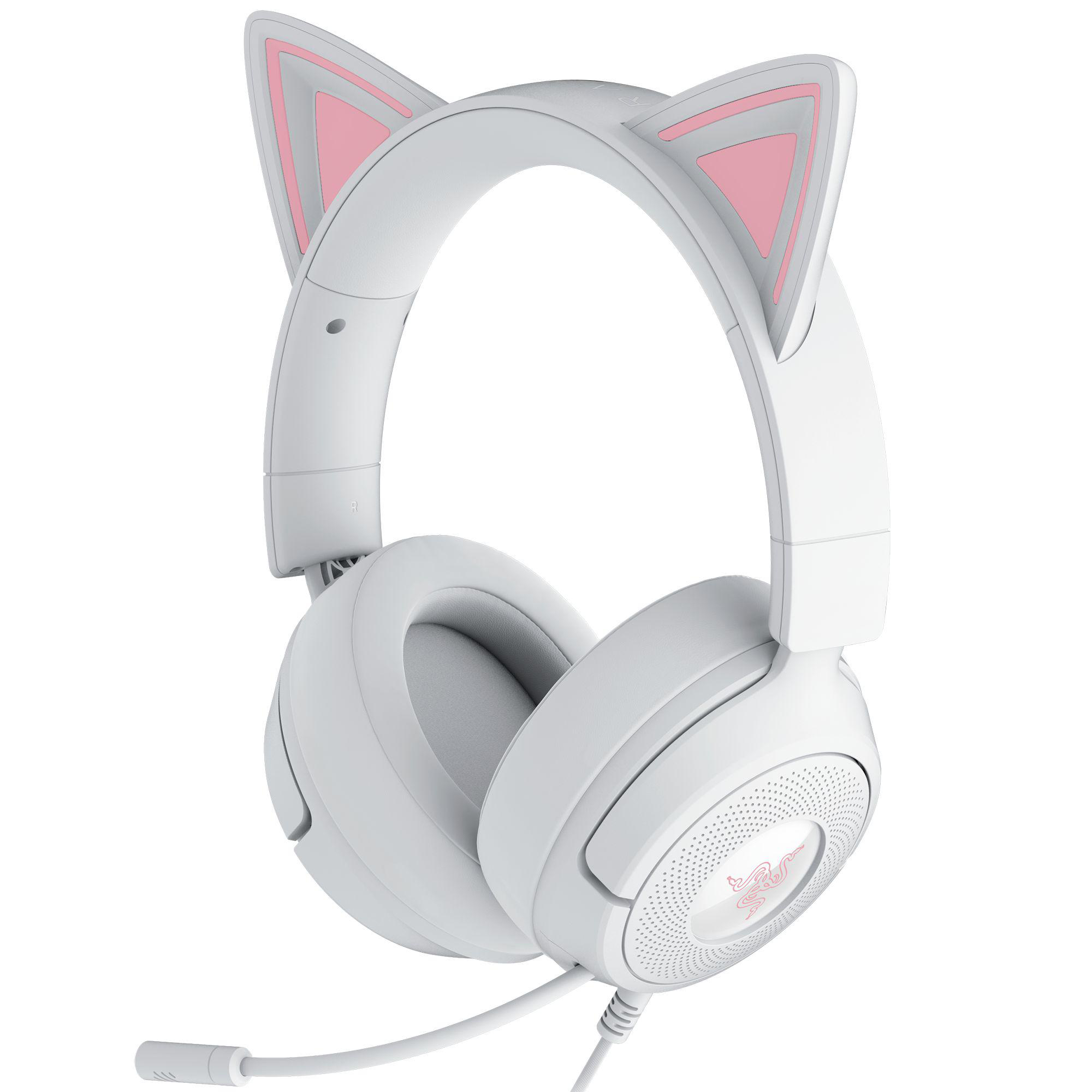Weißes Headset mit Katzenohren. Die Ohren haben rosa Innenräume. Ein Mikrofon erstreckt sich von der linken Ohrmuschel.