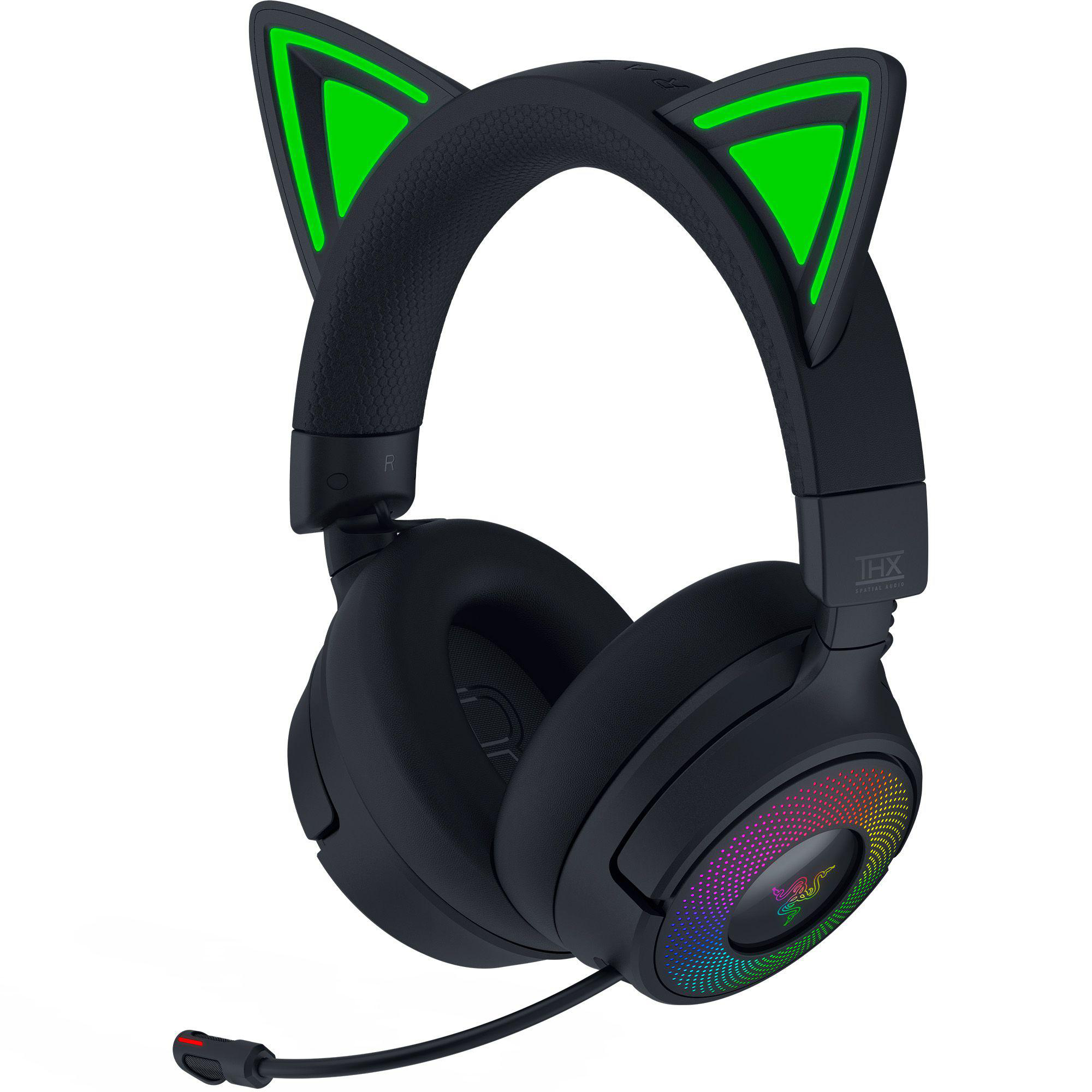 Schwarzes Gaming-Headset mit Katzenohren. Grüne Highlights auf den Ohren. Mehrfarbige Lichter auf den Ohrmuscheln und ein Mikrofon.