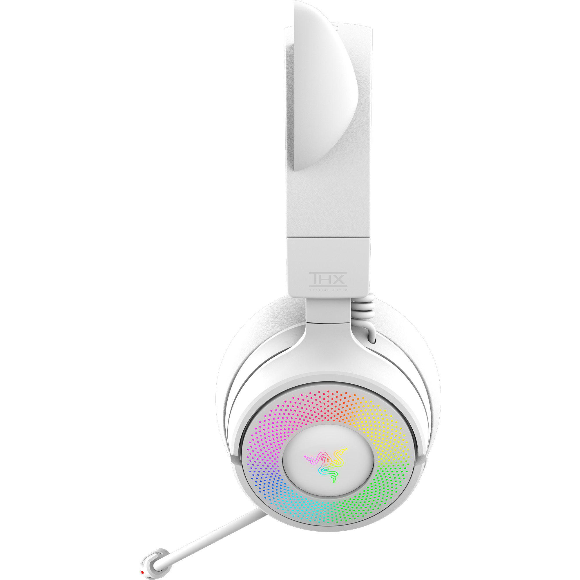 Weißes Gaming-Headset mit einem regenbogenfarbenen Kreis auf der Ohrmuschel. Mit Mikrofon und THX-Logo.
