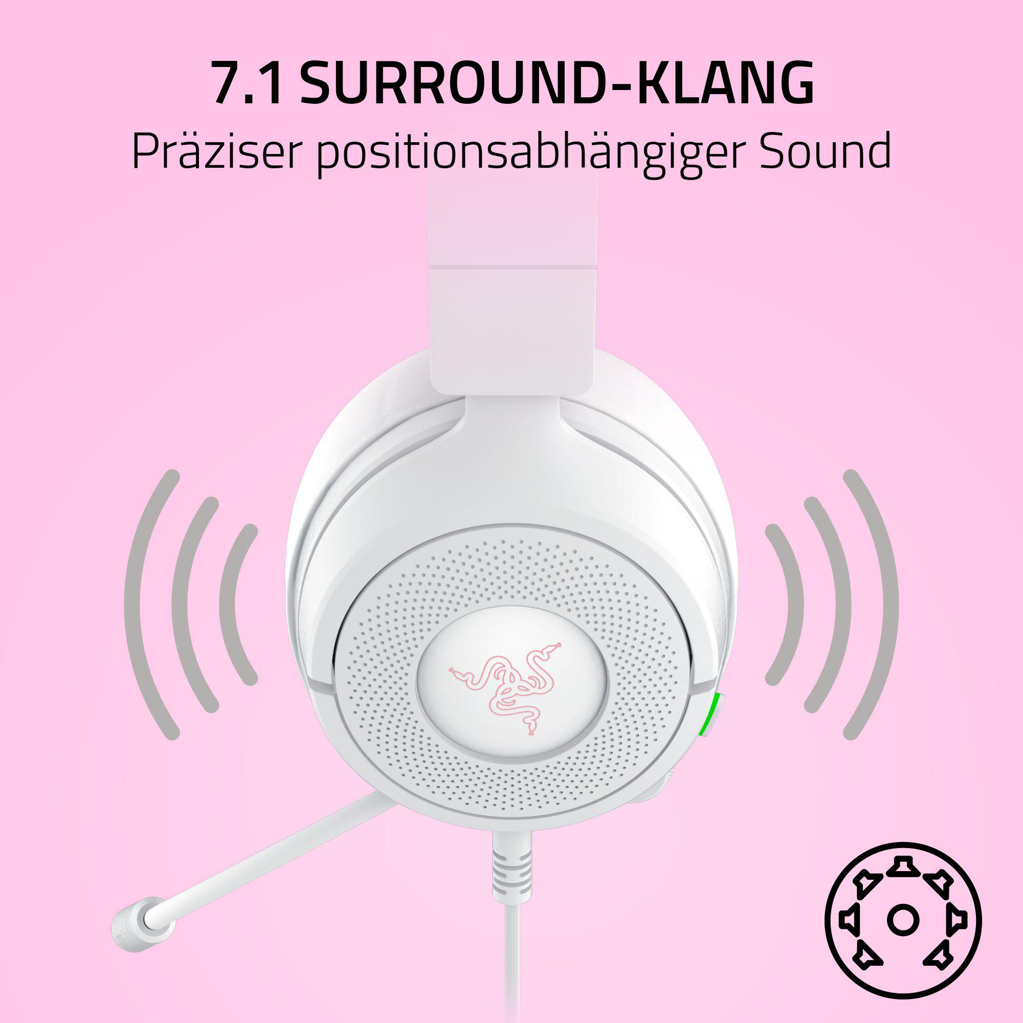 Weißes Headset mit Mikrofon auf rosa Hintergrund. Text: 7.1 Surround-Klang, Präziser positionsabhängiger Sound.