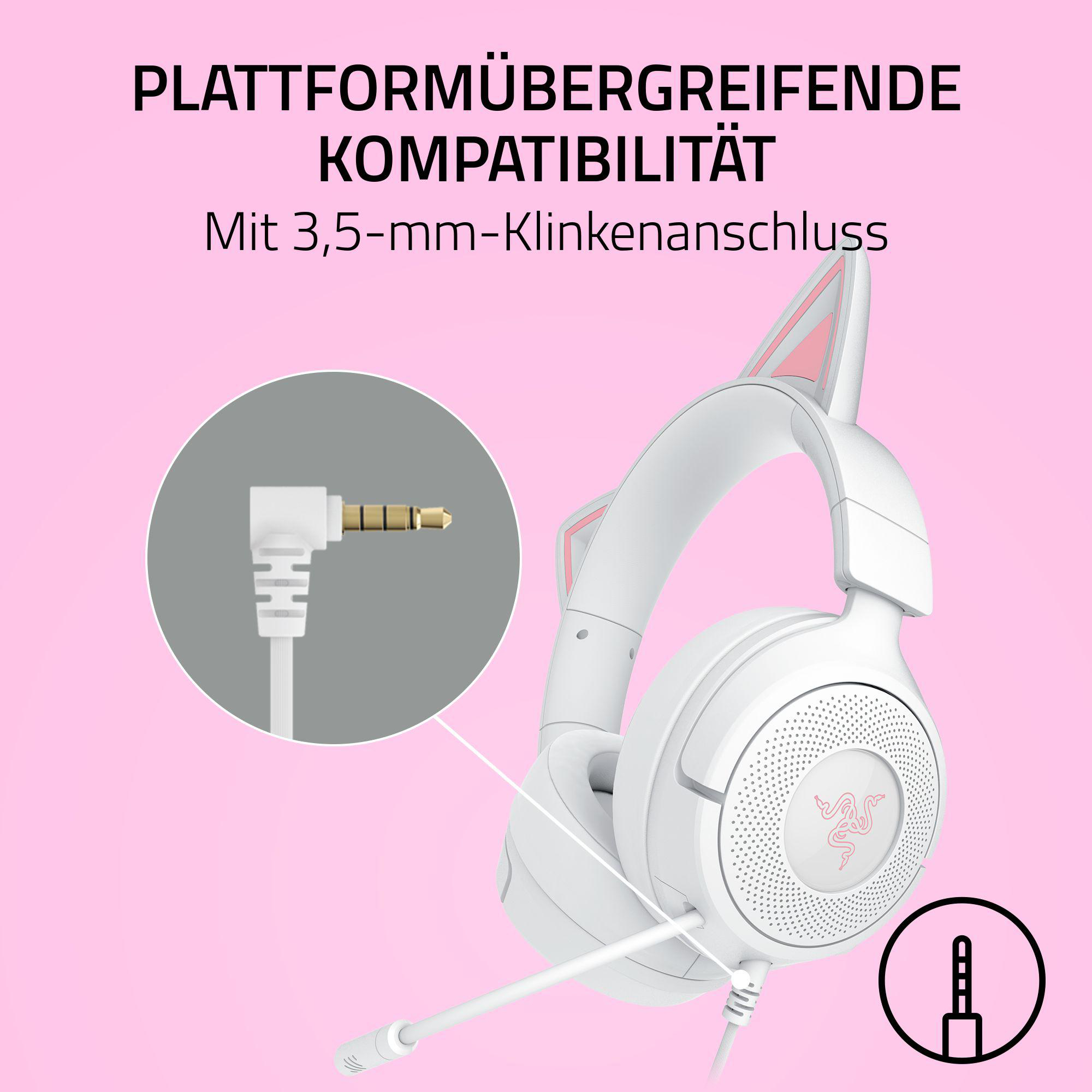 Weißes Headset mit Katzenohren, rosa Akzenten und abnehmbarem Mikrofon. Inklusive 3,5-mm-Klinkenanschluss.