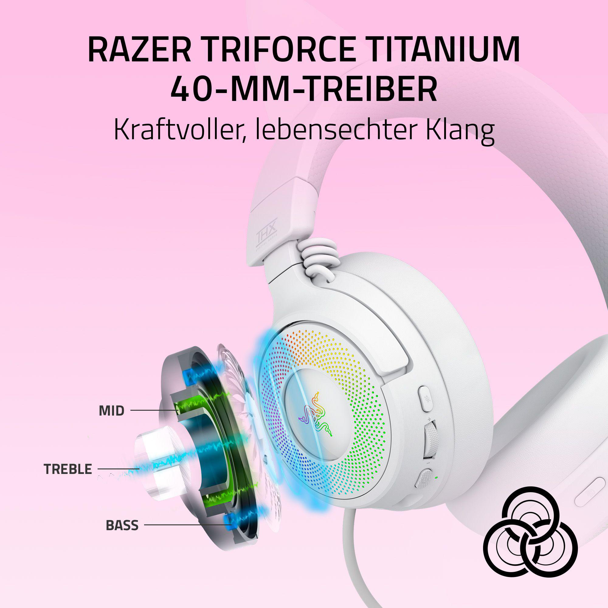 Weißes Razer-Headset mit freiliegenden Lautsprecherkomponenten. Enthält Text: Razer, 40-MM-TREIBER. Rosa Hintergrund.